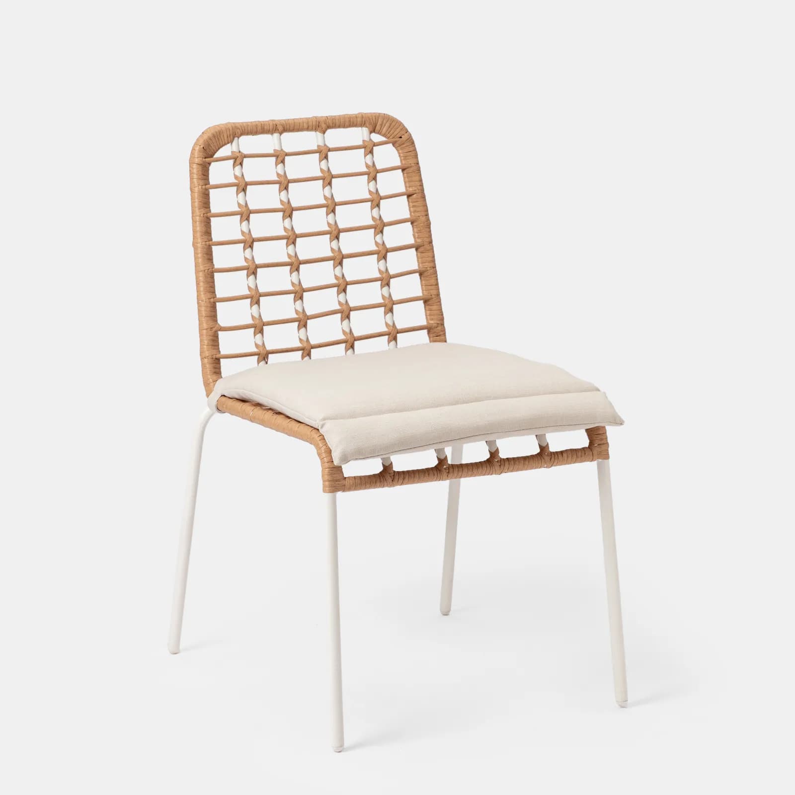 Sedia da esterno impilabile in acciaio bianco e polyrattan naturale con cuscino - Griel