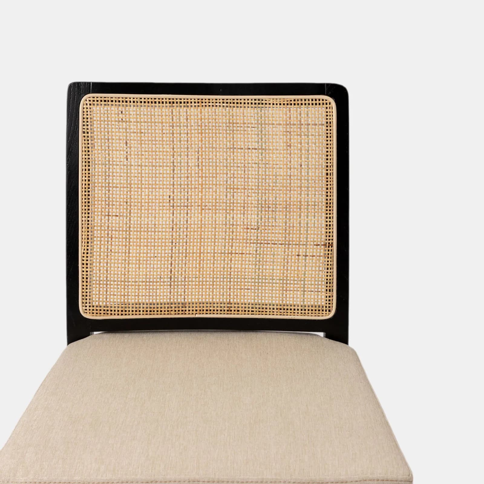 Sedia in legno di olmo nero con schienale in rattan e cuscino in tessuto beige - Bodin