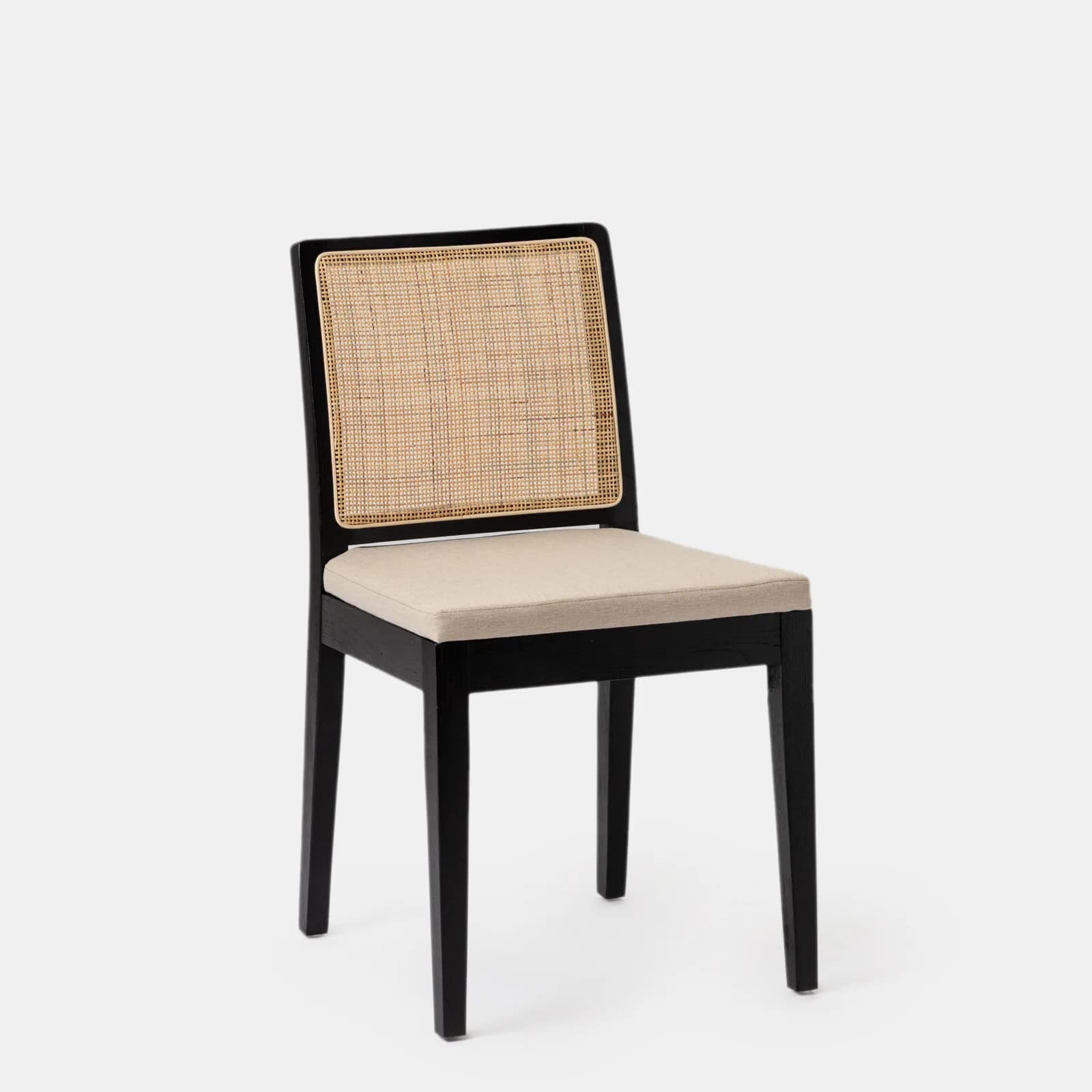 Sedia in legno di olmo nero con schienale in rattan e cuscino in tessuto beige - Bodin