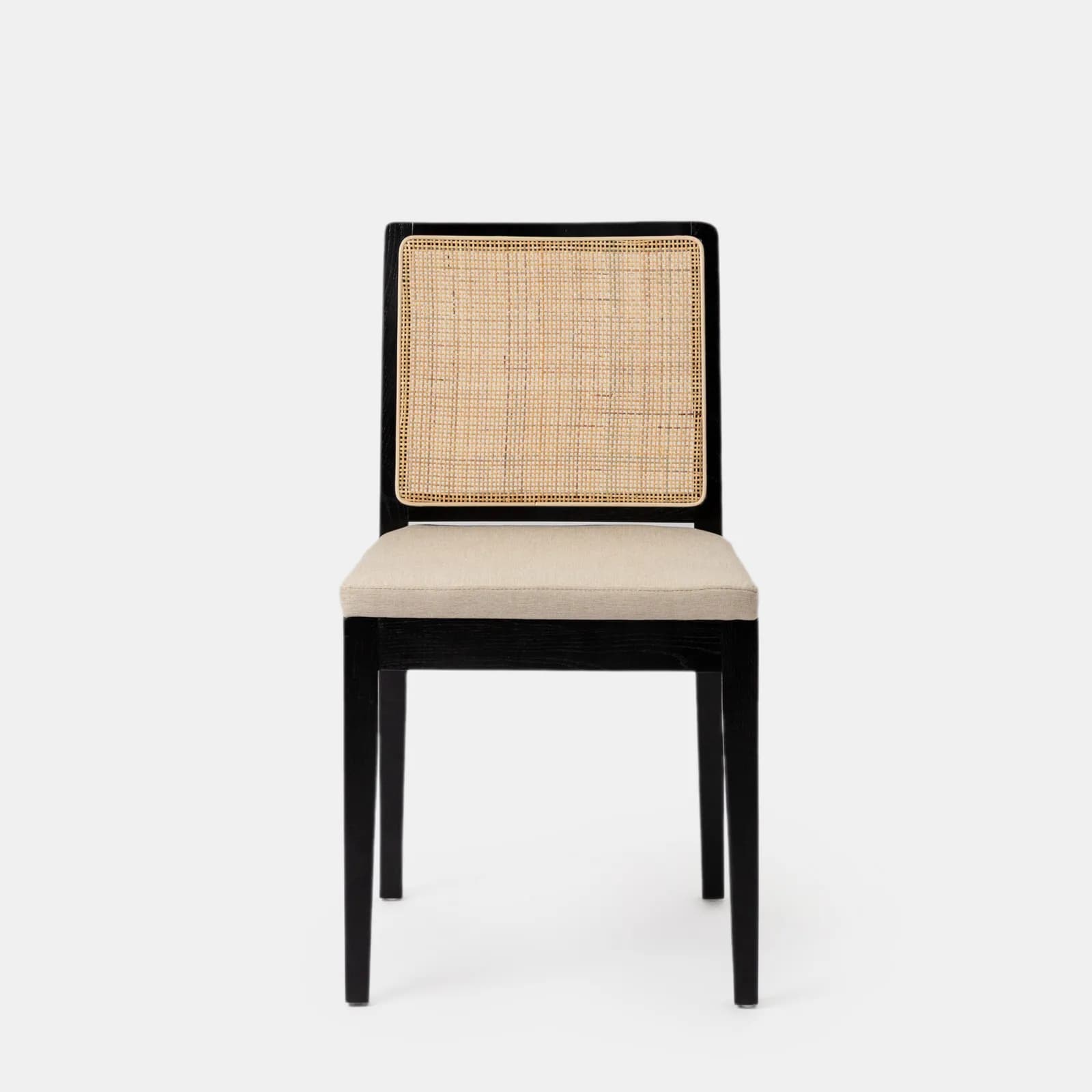 Sedia in legno di olmo nero con schienale in rattan e cuscino in tessuto beige - Bodin