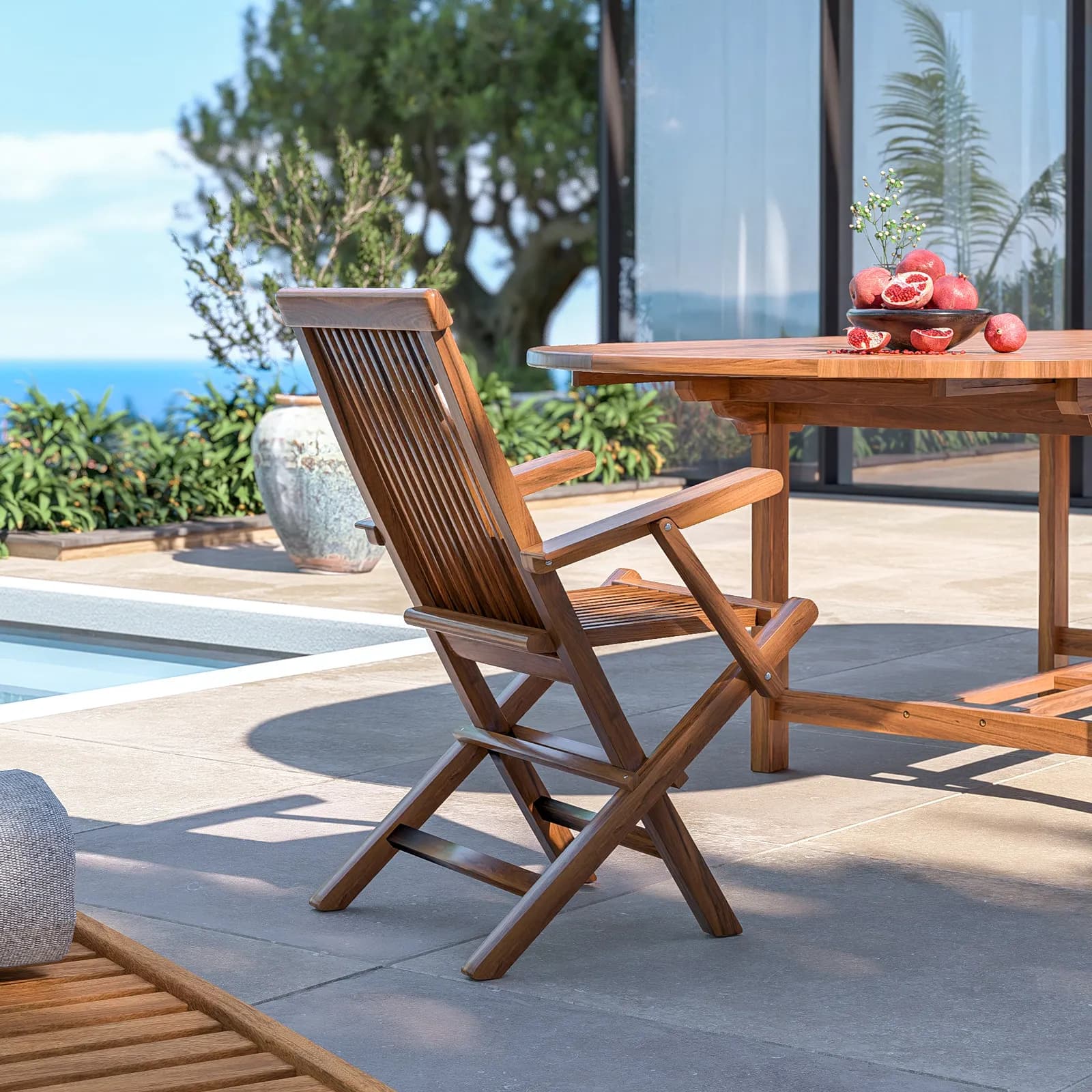 Sedia pieghevole da esterno con braccioli in legno teak - Louis