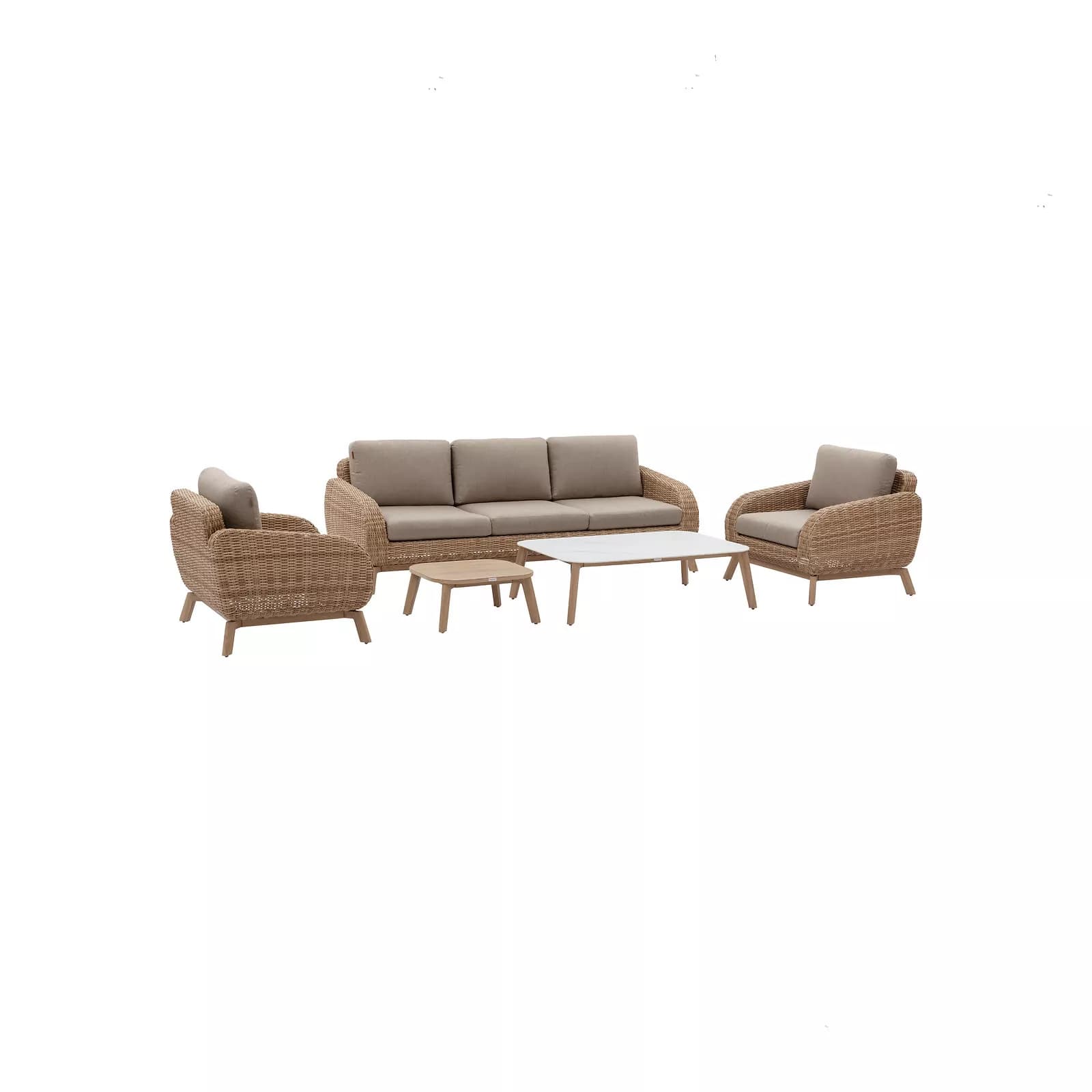 Set relax con divano 2 poltrone e 2 tavolini in polyrattan naturale e cuscini tortora - Esotik
