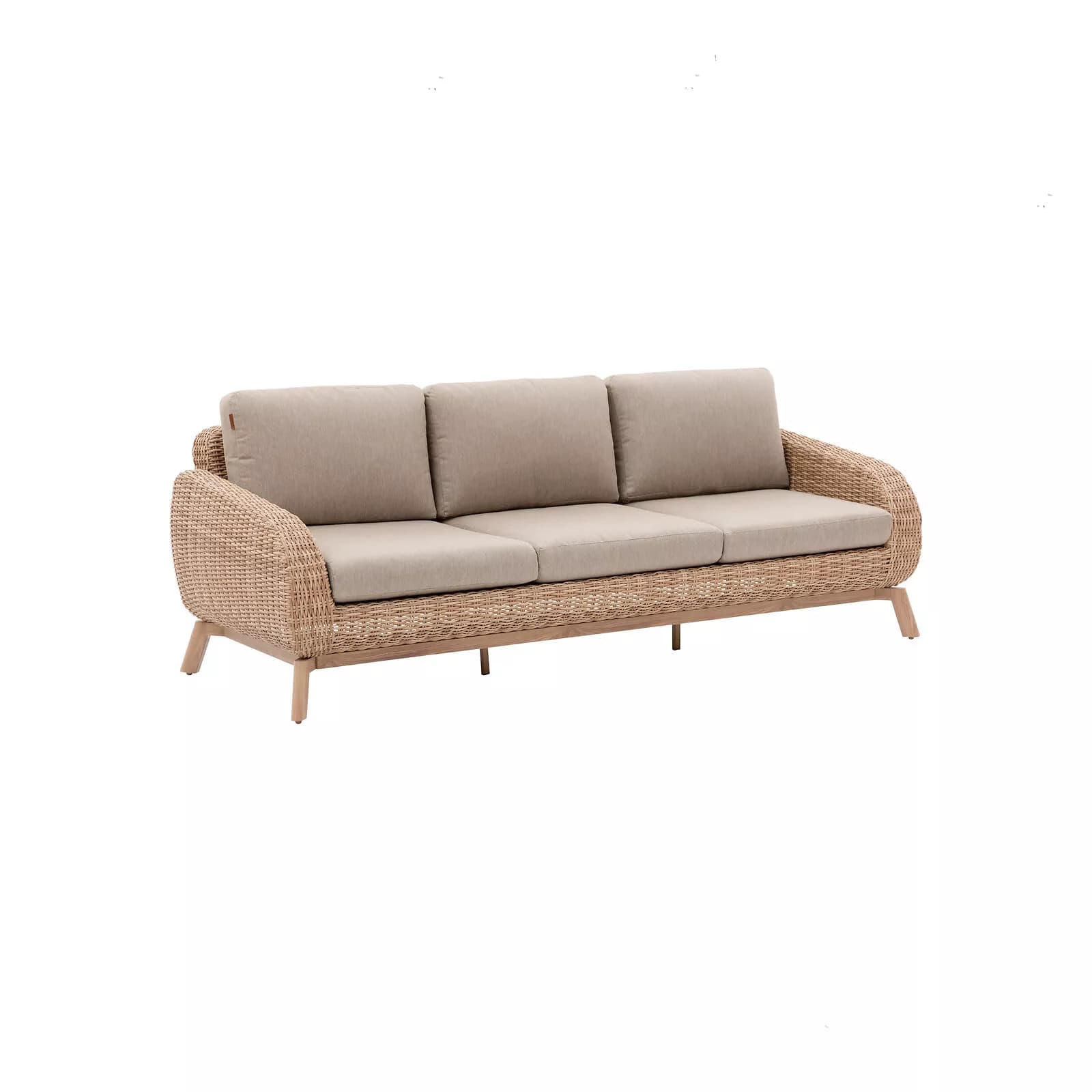 Set relax con divano 2 poltrone e 2 tavolini in polyrattan naturale e cuscini tortora - Esotik