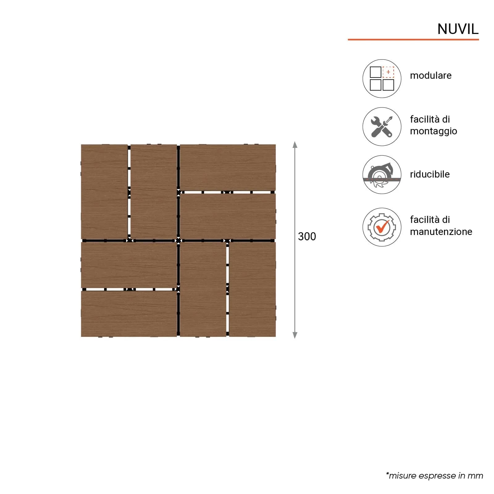 Set 11 pezzi pavimento ad incastro 30x30 cm autobloccante in polietilene effetto legno - Nuvil