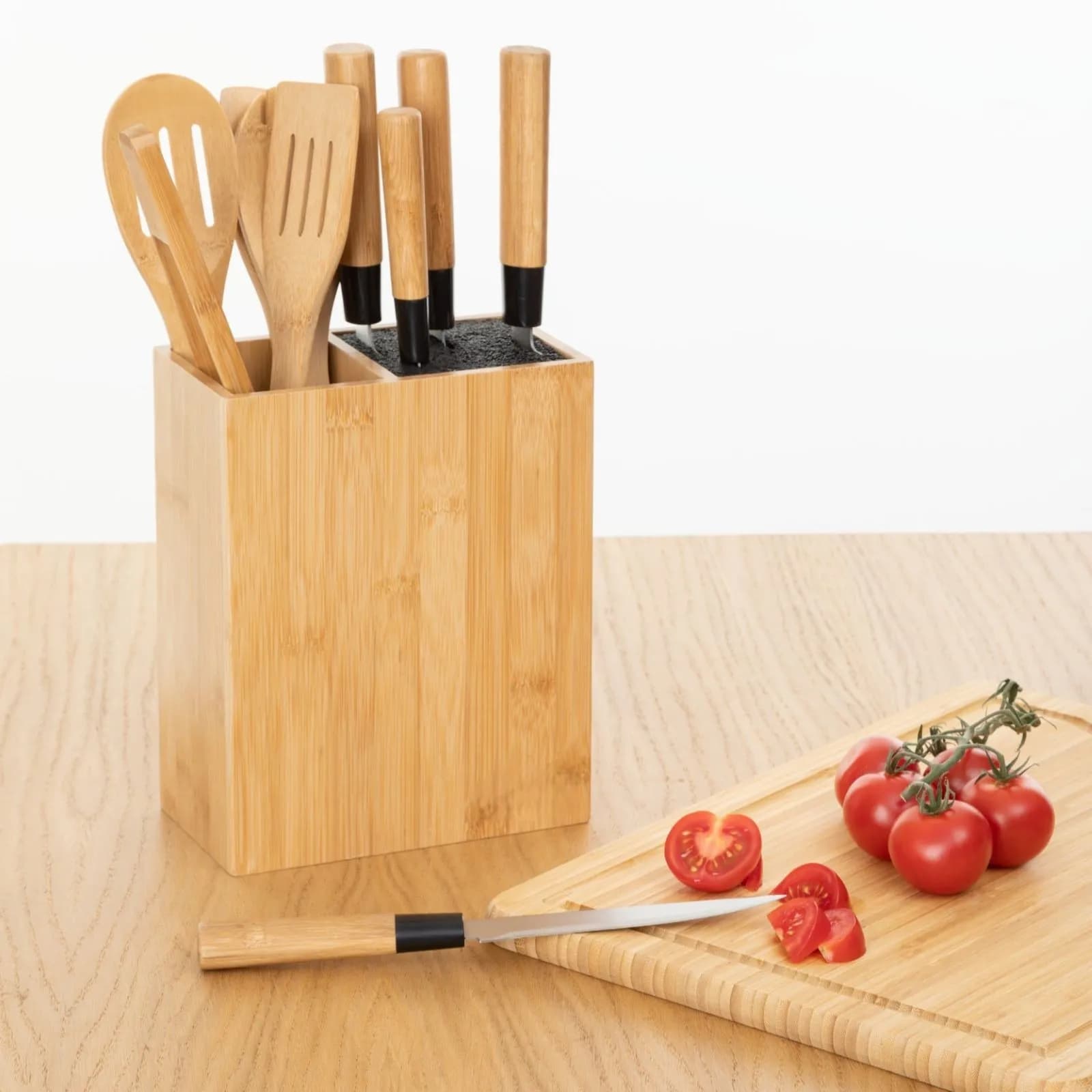 Set 11 utensili da cucina in acciaio inox e bambù naturale