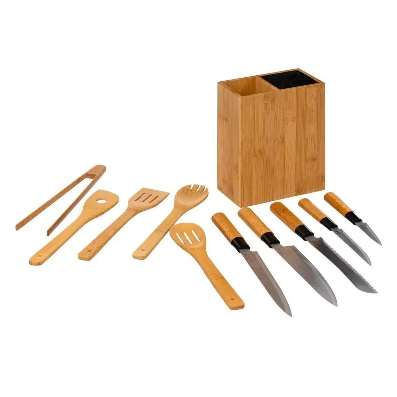 Set 11 utensili da cucina in acciaio inox e bambù naturale
