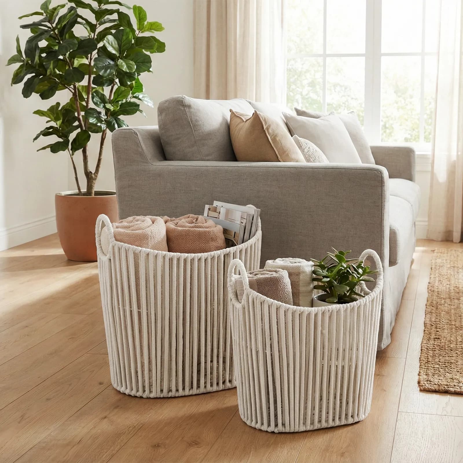 Set 2 cesti contenitore in corda di cotone bianco con manici