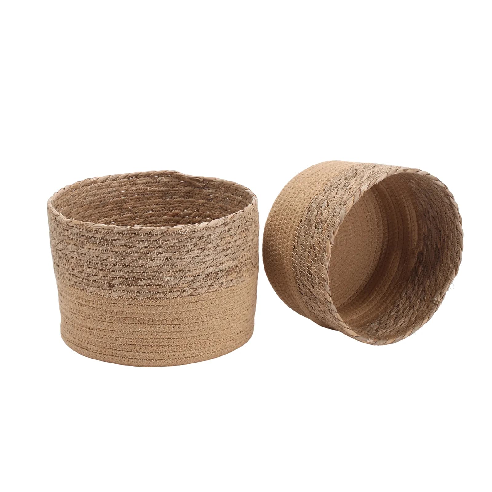 Set 2 cesti contenitore rotondi in rattan e corda di cotone caramello