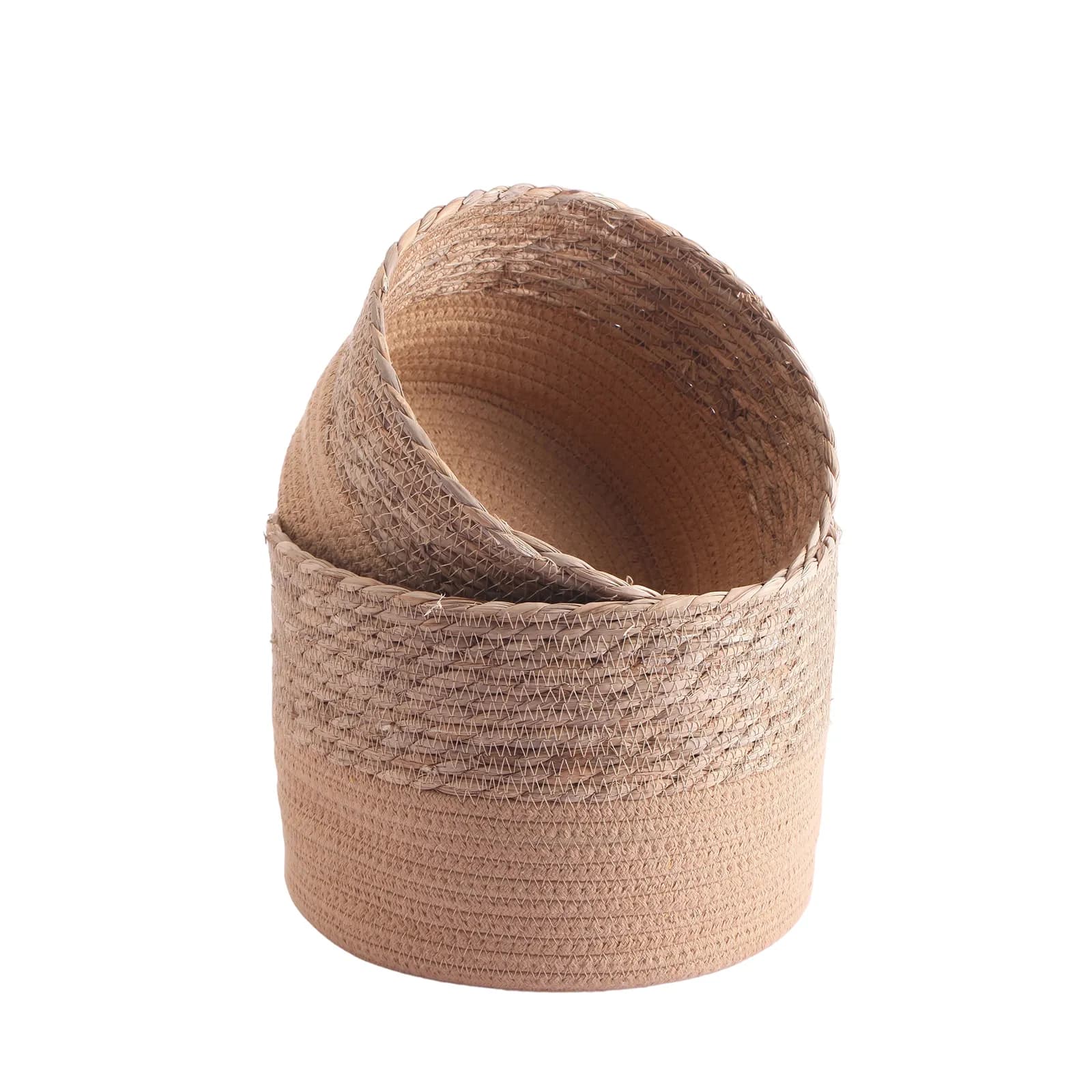 Set 2 cesti contenitore rotondi in rattan e corda di cotone caramello