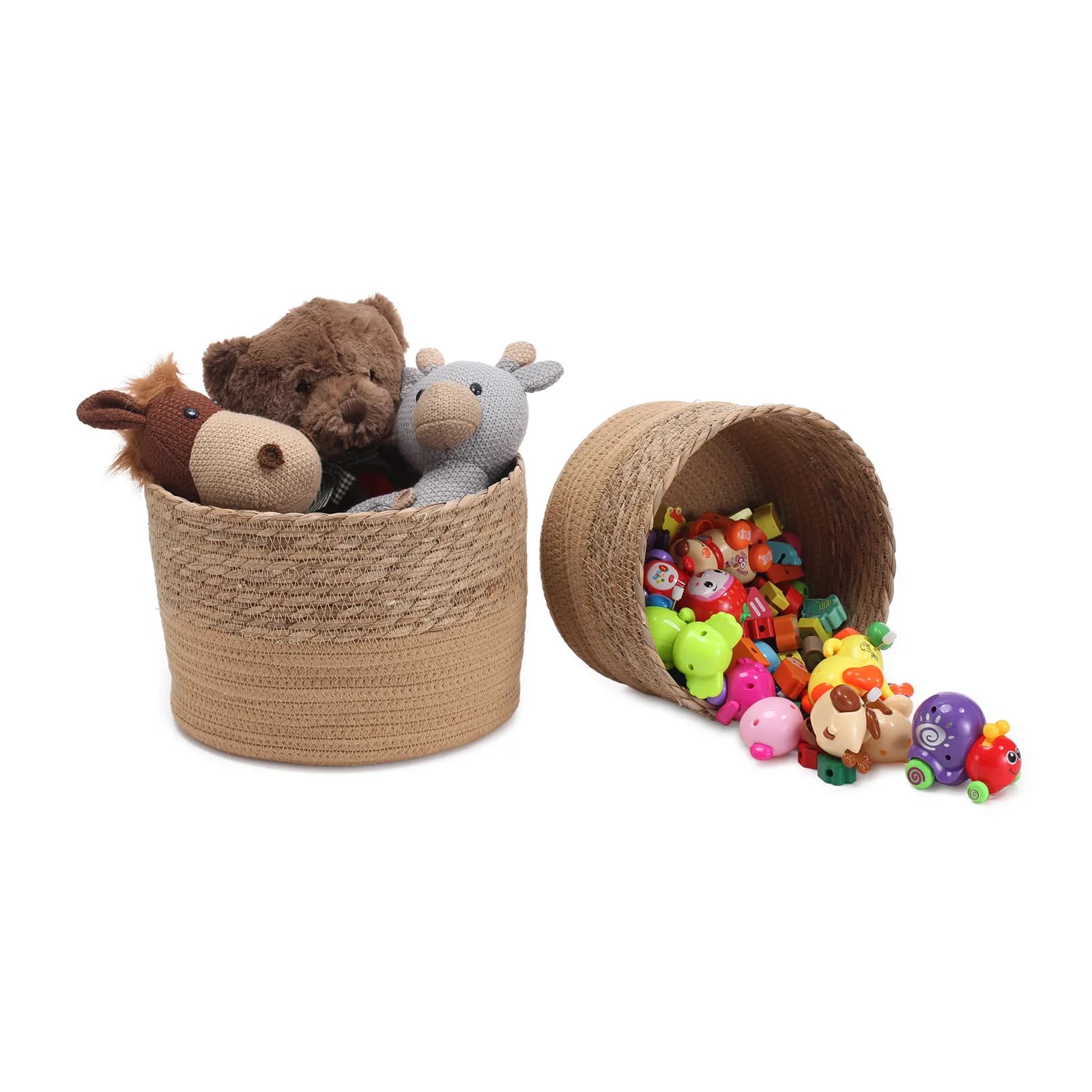 Set 2 cesti contenitore rotondi in rattan e corda di cotone caramello