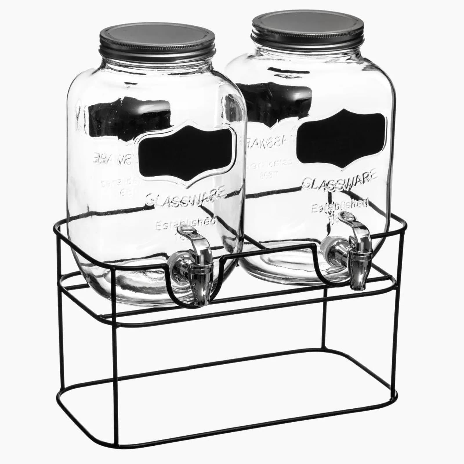 Set 2 distributori da 4 litri per bevande in vetro con rubinetto e supporto