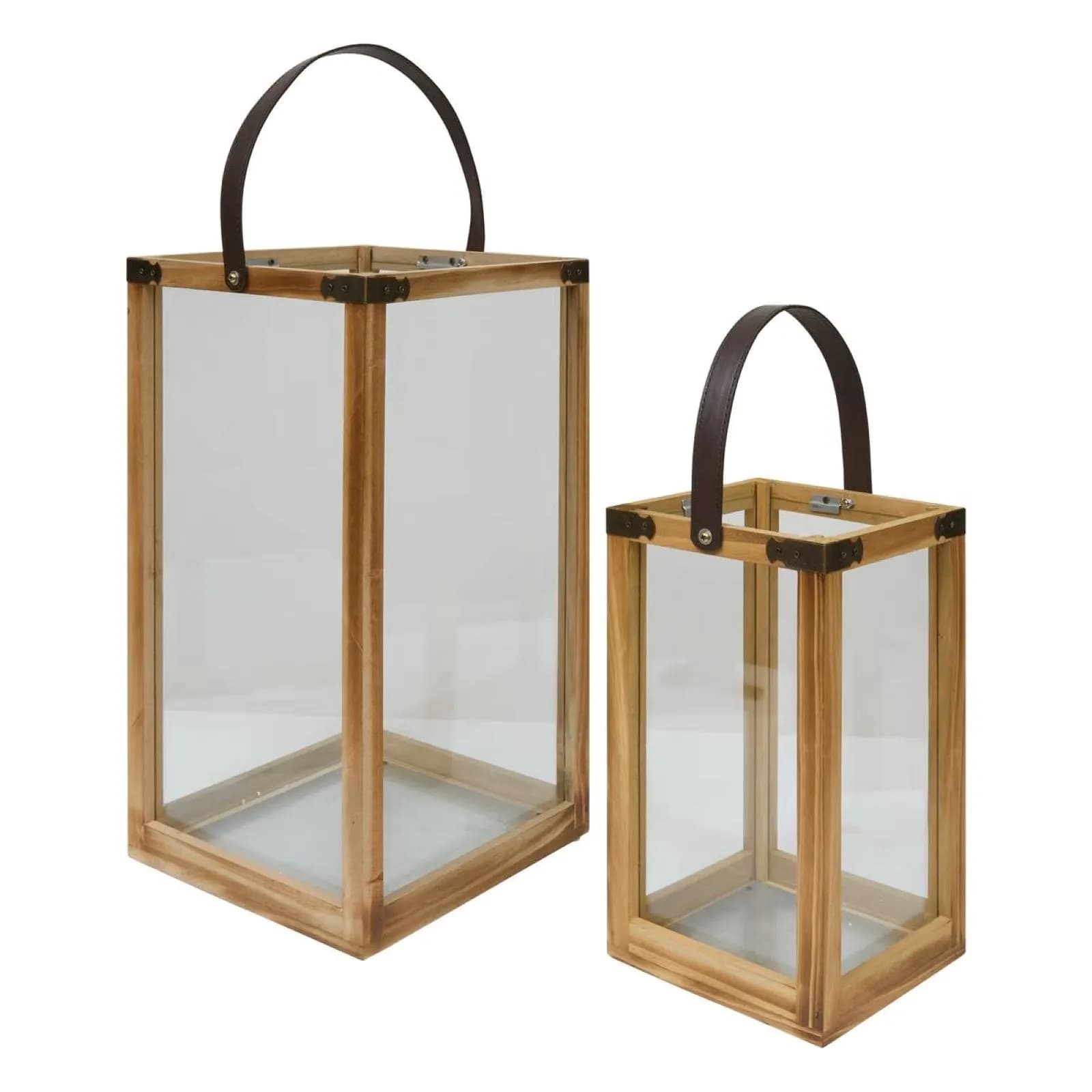 Set 2 lanterne in legno di pino naturale e vetro con manico