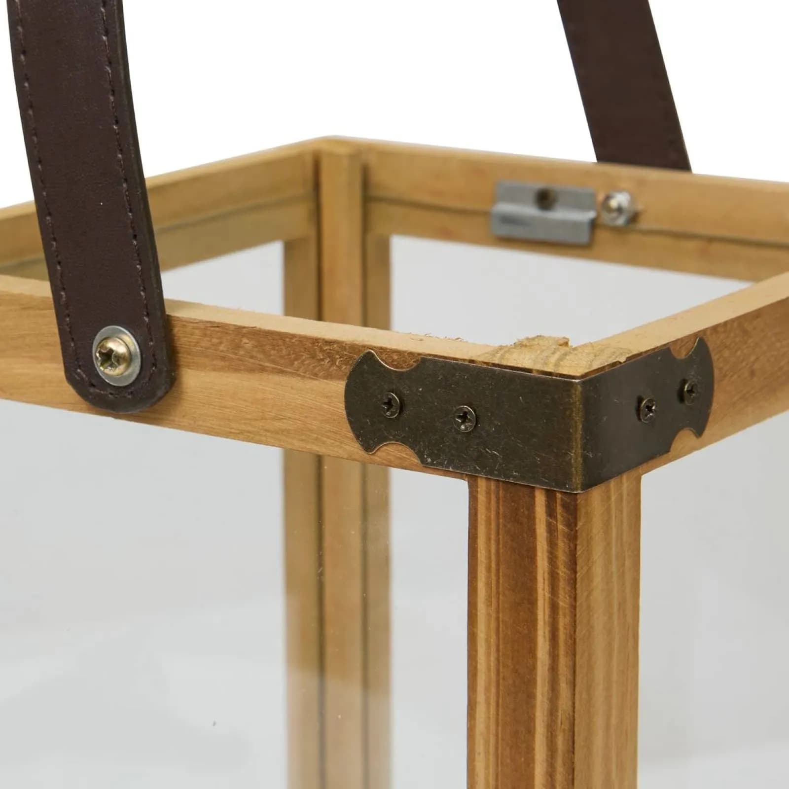 Set 2 lanterne in legno di pino naturale e vetro con manico