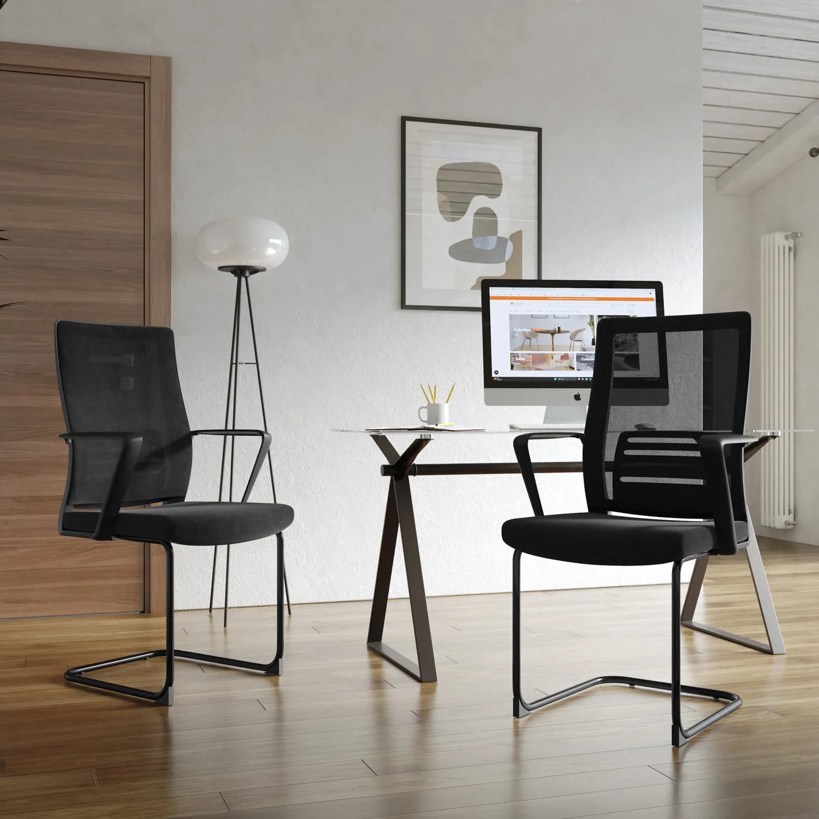 Set 2 sedie da ufficio in tessuto mesh nero con gambe in metallo nero - Narinder