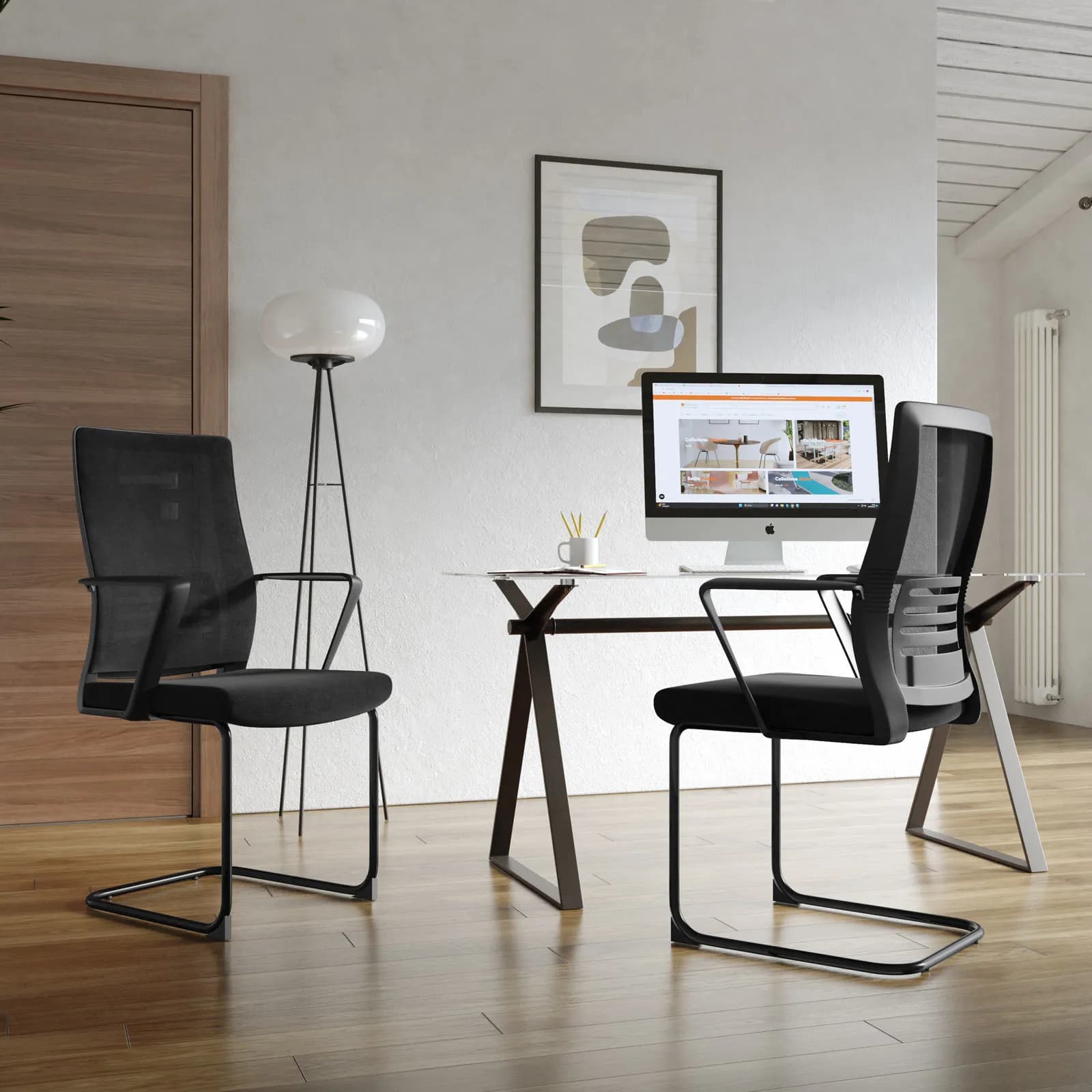 Set 2 sedie da ufficio in tessuto mesh nero con gambe in metallo nero - Narinder