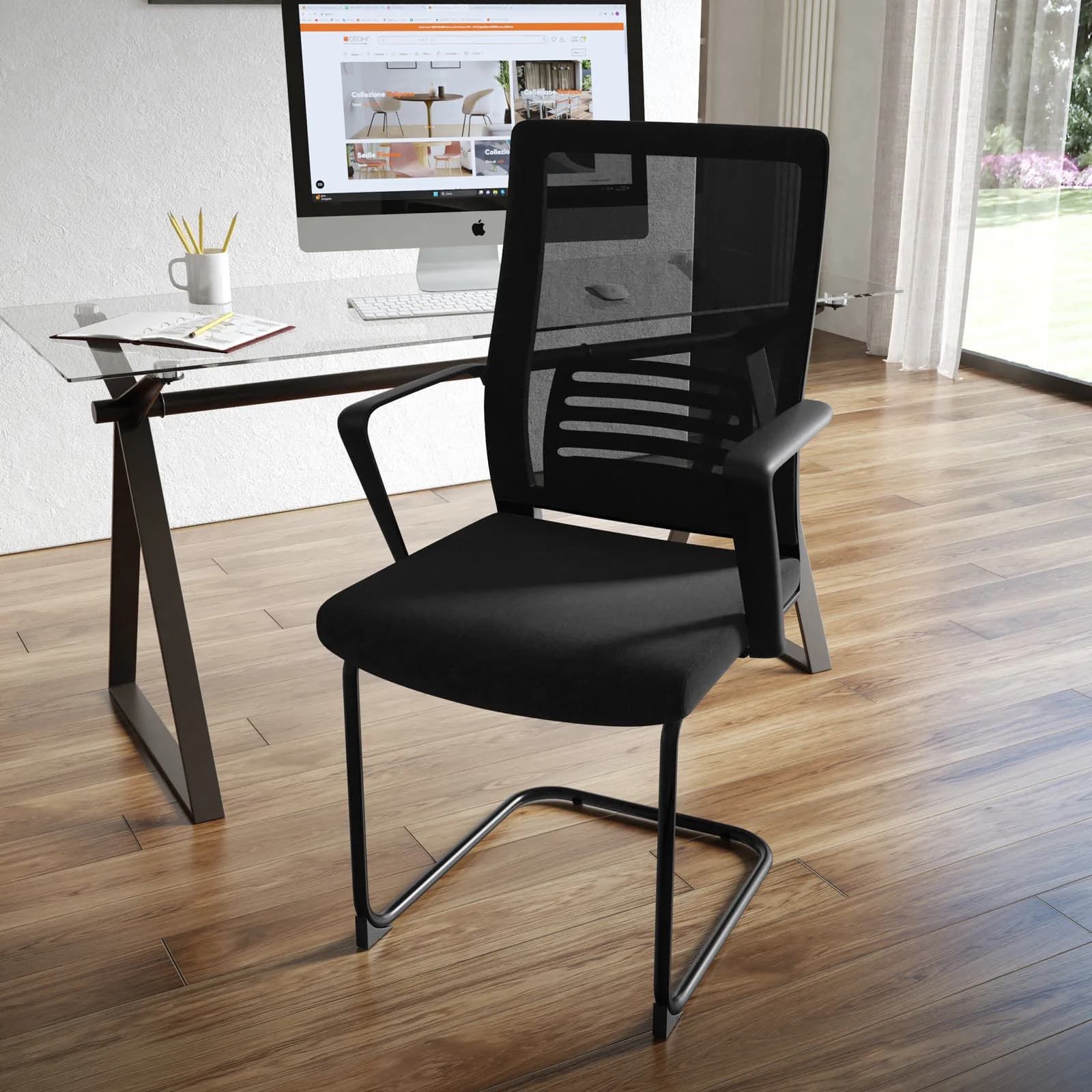 Set 2 sedie da ufficio in tessuto mesh nero con gambe in metallo nero - Narinder