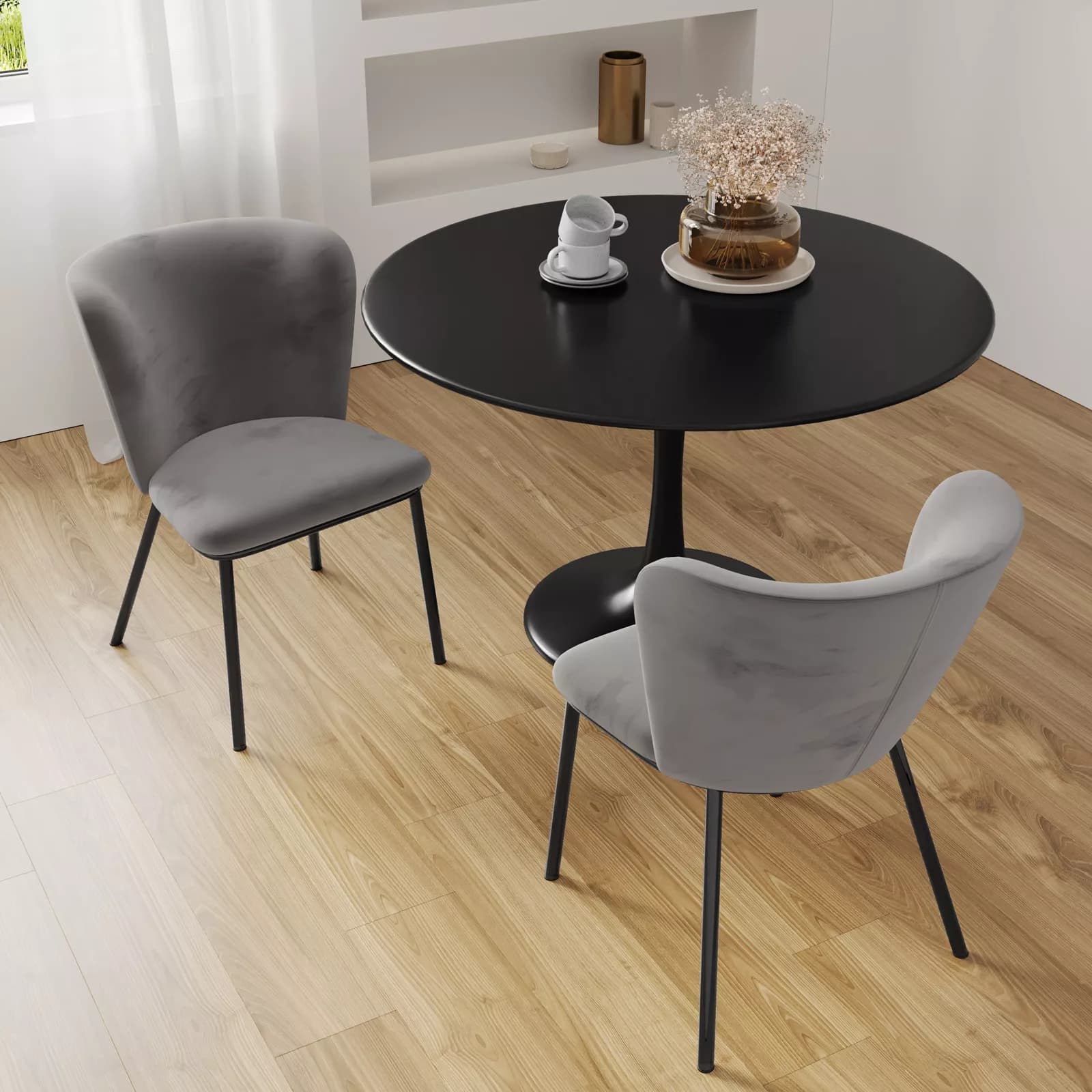 Set 2 sedie imbottite in velluto grigio con gambe nere - Evergreen