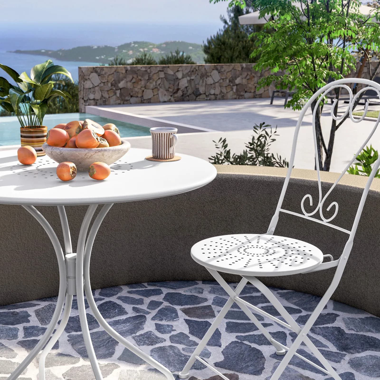 Set bistrot tavolo rotondo 70 cm e 2 sedie pieghevoli in metallo bianco - Loren