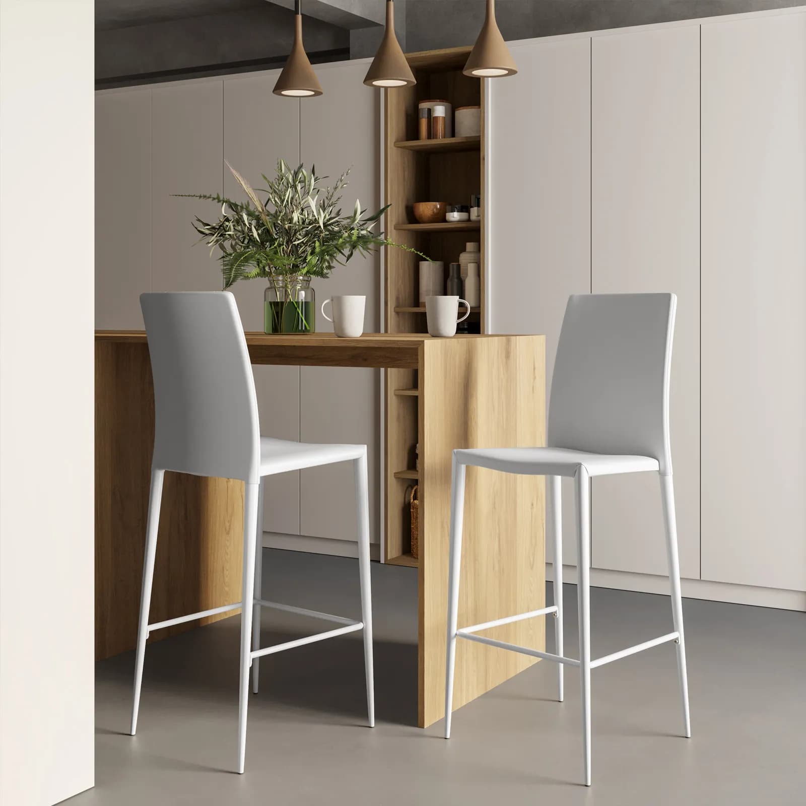 Set 2 sgabelli con poggiapiedi in similpelle bianca e struttura in metallo - Tarner