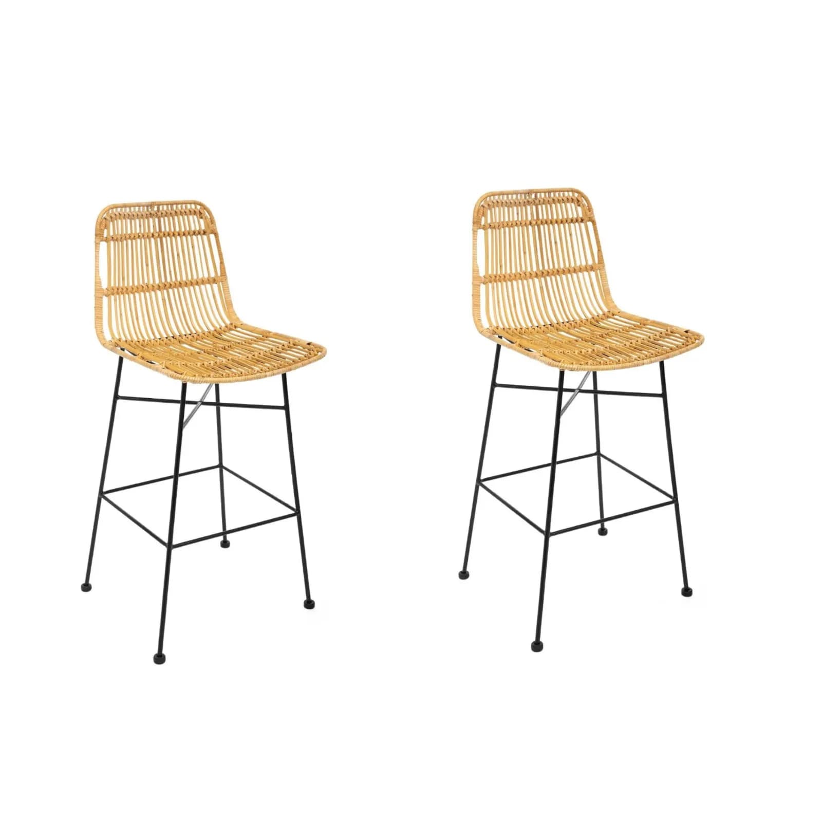 Set 2 sgabelli da esterno in rattan naturale e metallo nero con poggiapiedi - Visam