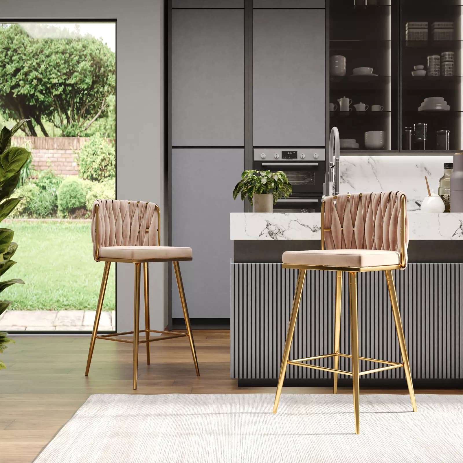 Set 2 sgabelli in velluto naturale con schienale intrecciato e gambe oro - Claranella