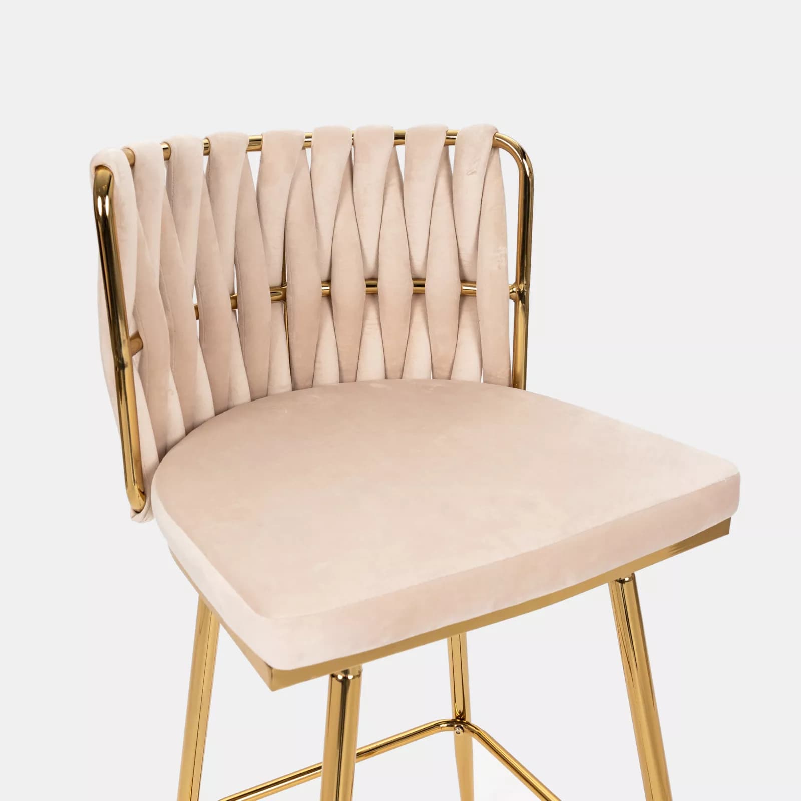 Set 2 sgabelli in velluto naturale con schienale intrecciato e gambe oro - Claranella