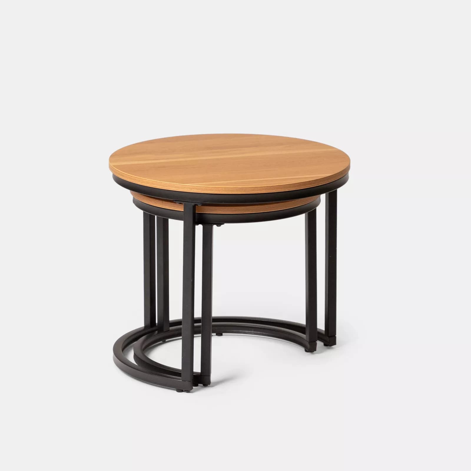 Set 2 tavolini rotondi con piano effetto rovere e struttura in metallo nero - Caio