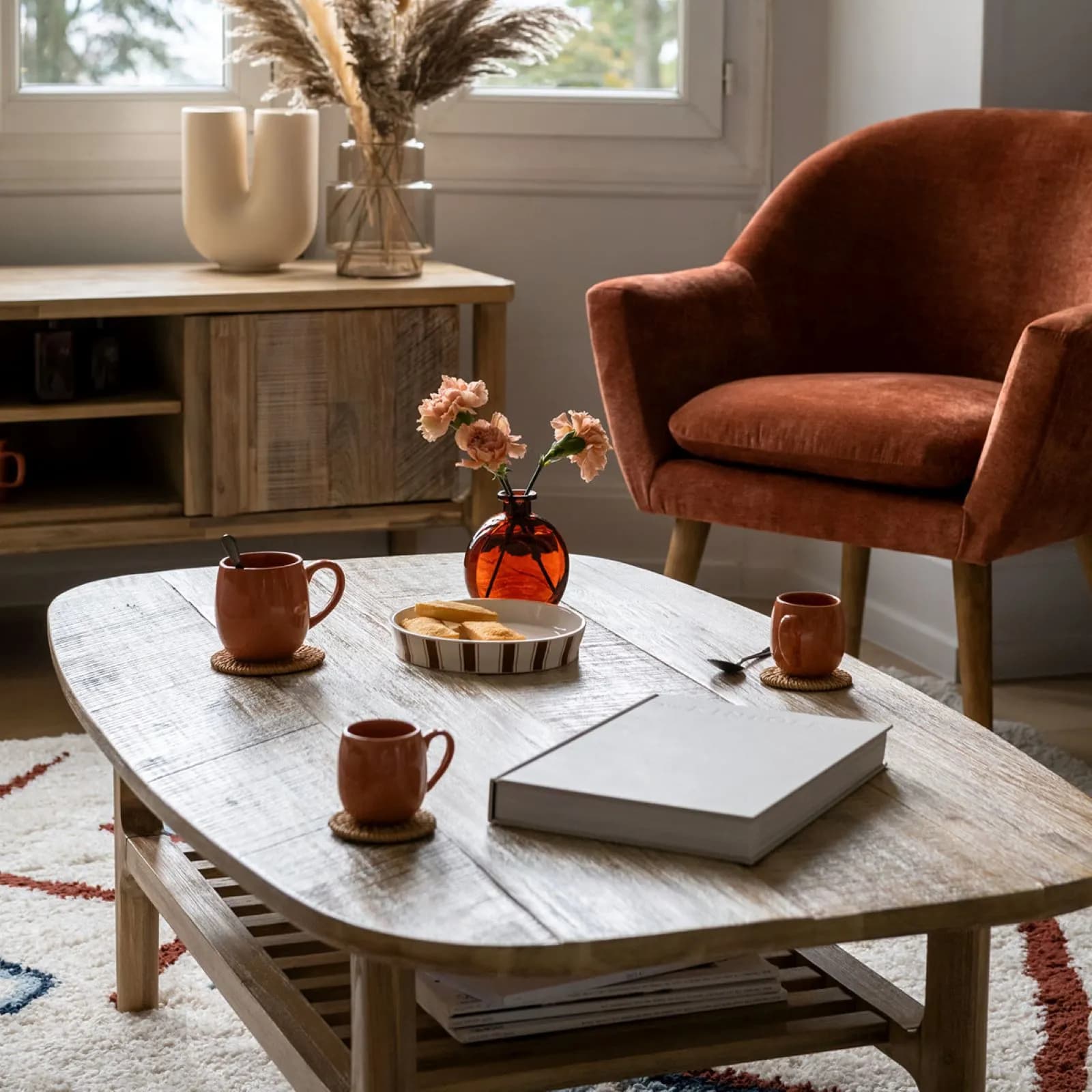 Set 2 tazzine 10 cl in ceramica terracotta con sottobicchieri in rattan naturale