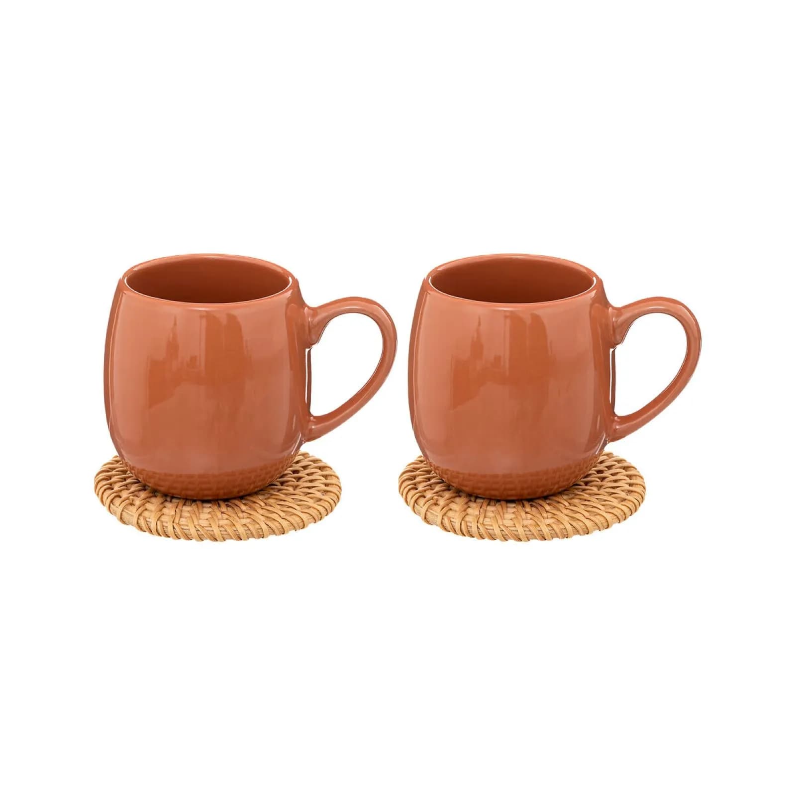 Set 2 tazzine 10 cl in ceramica terracotta con sottobicchieri in rattan naturale