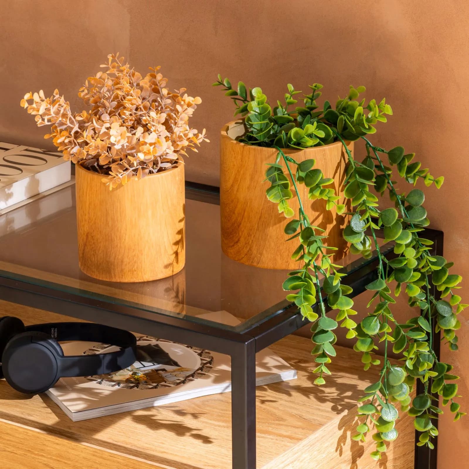Set 2 vasi da interno di diversa dimensione in ceramica effetto legno