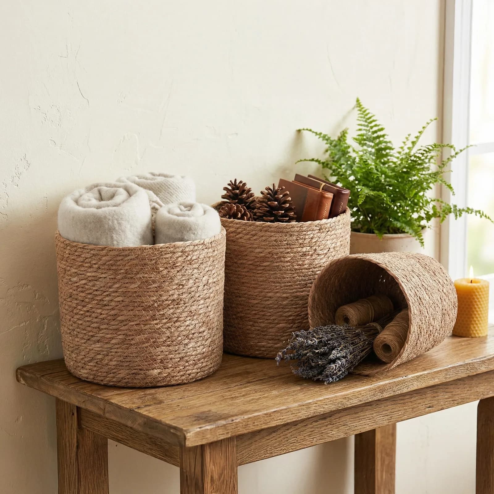 Set 3 cesti contenitore rotondi in rattan