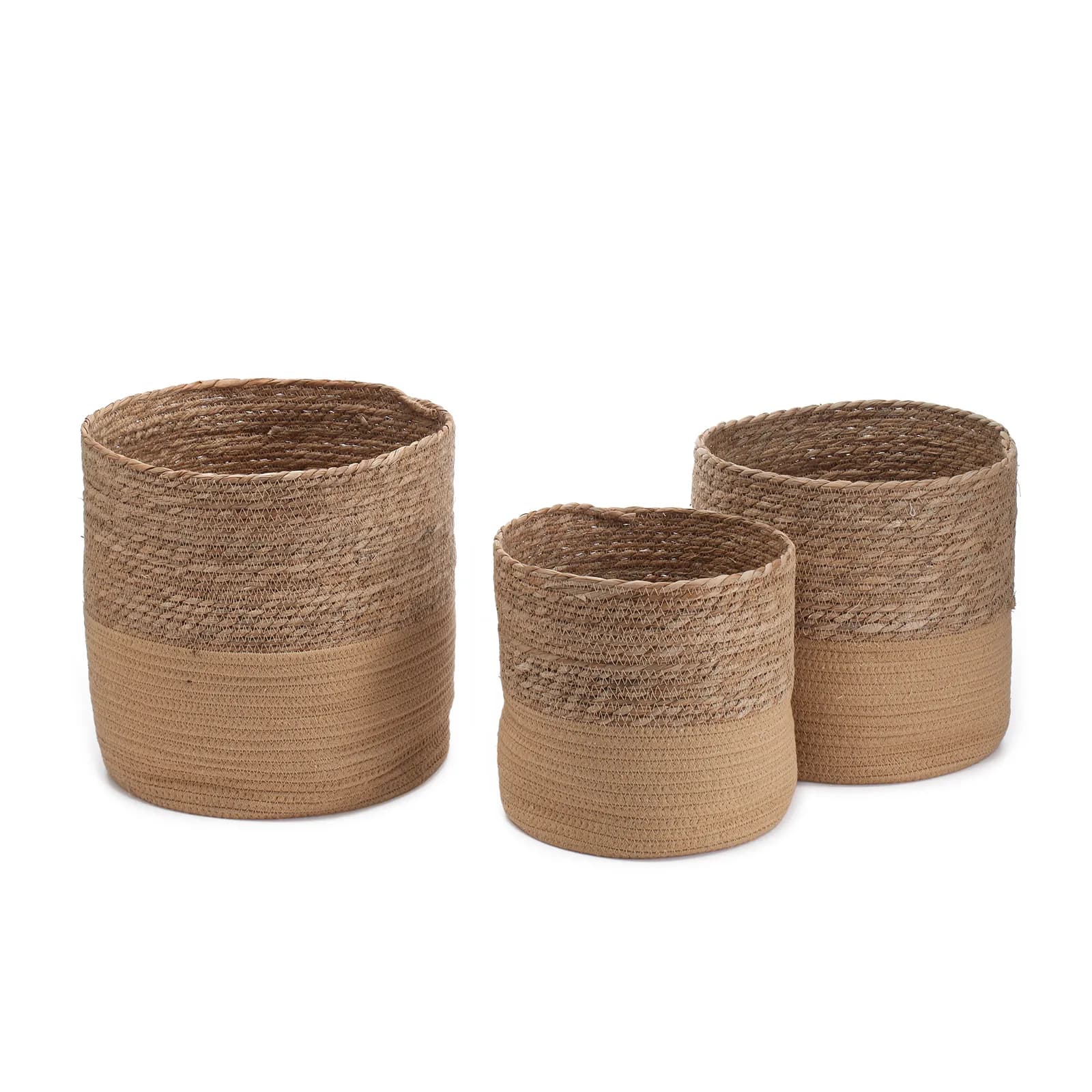 Set 3 cesti contenitore rotondi in rattan e corda di cotone caramello