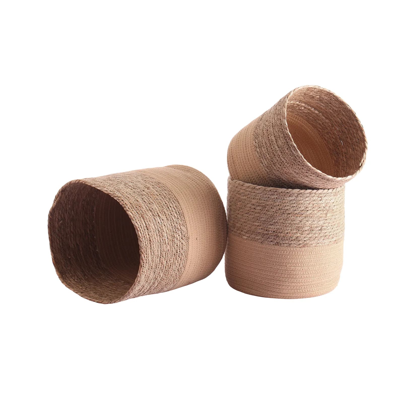 Set 3 cesti contenitore rotondi in rattan e corda di cotone caramello