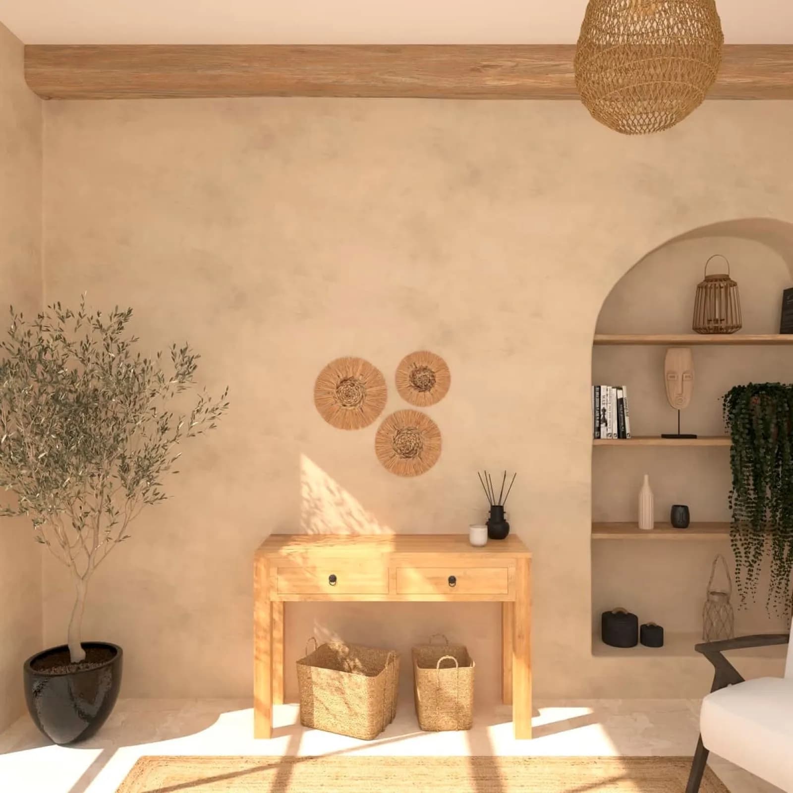 Set 3 decorazioni da parete rotonde in rafia naturale