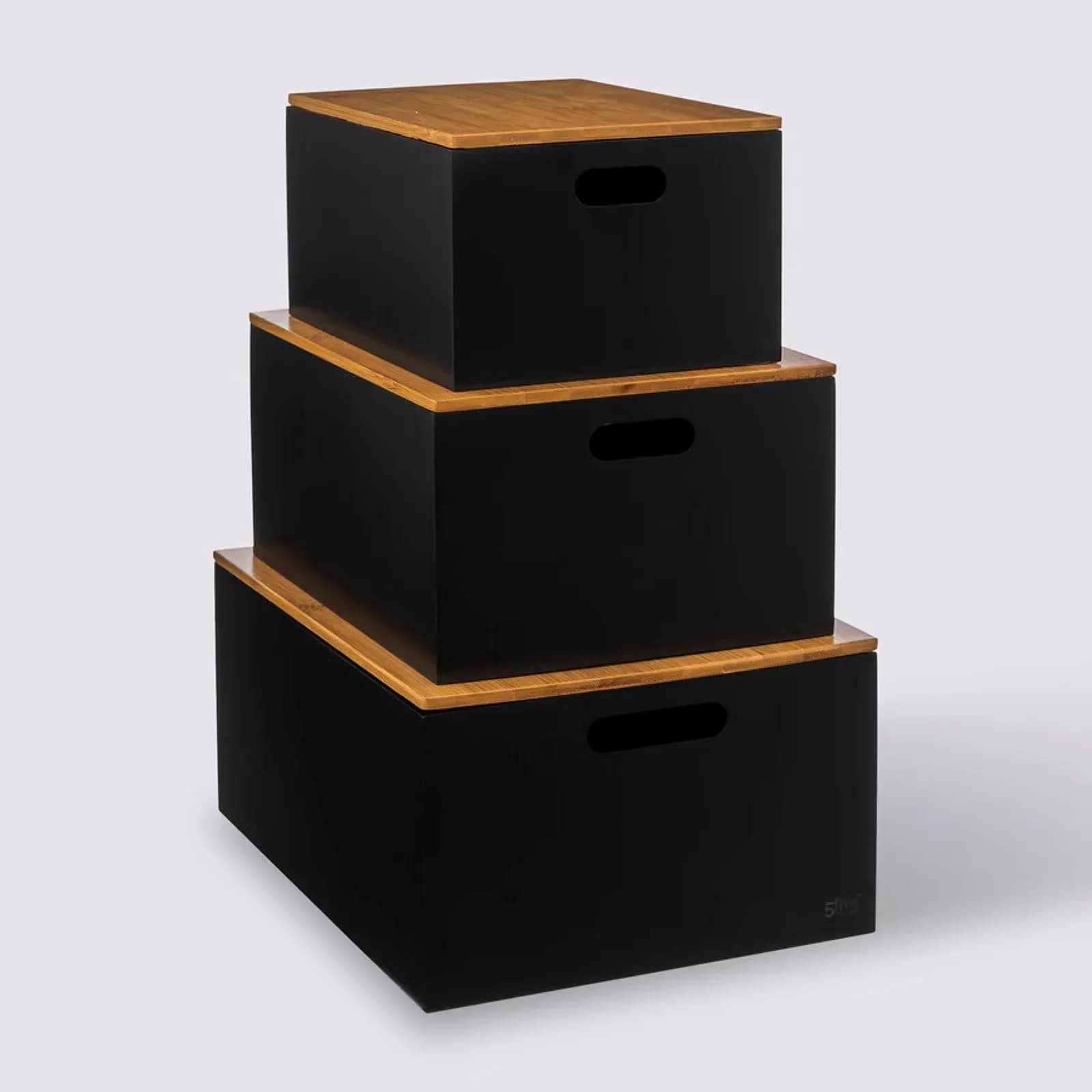 Set 3 organizer di diversa dimensione in legno nero con coperchio naturale