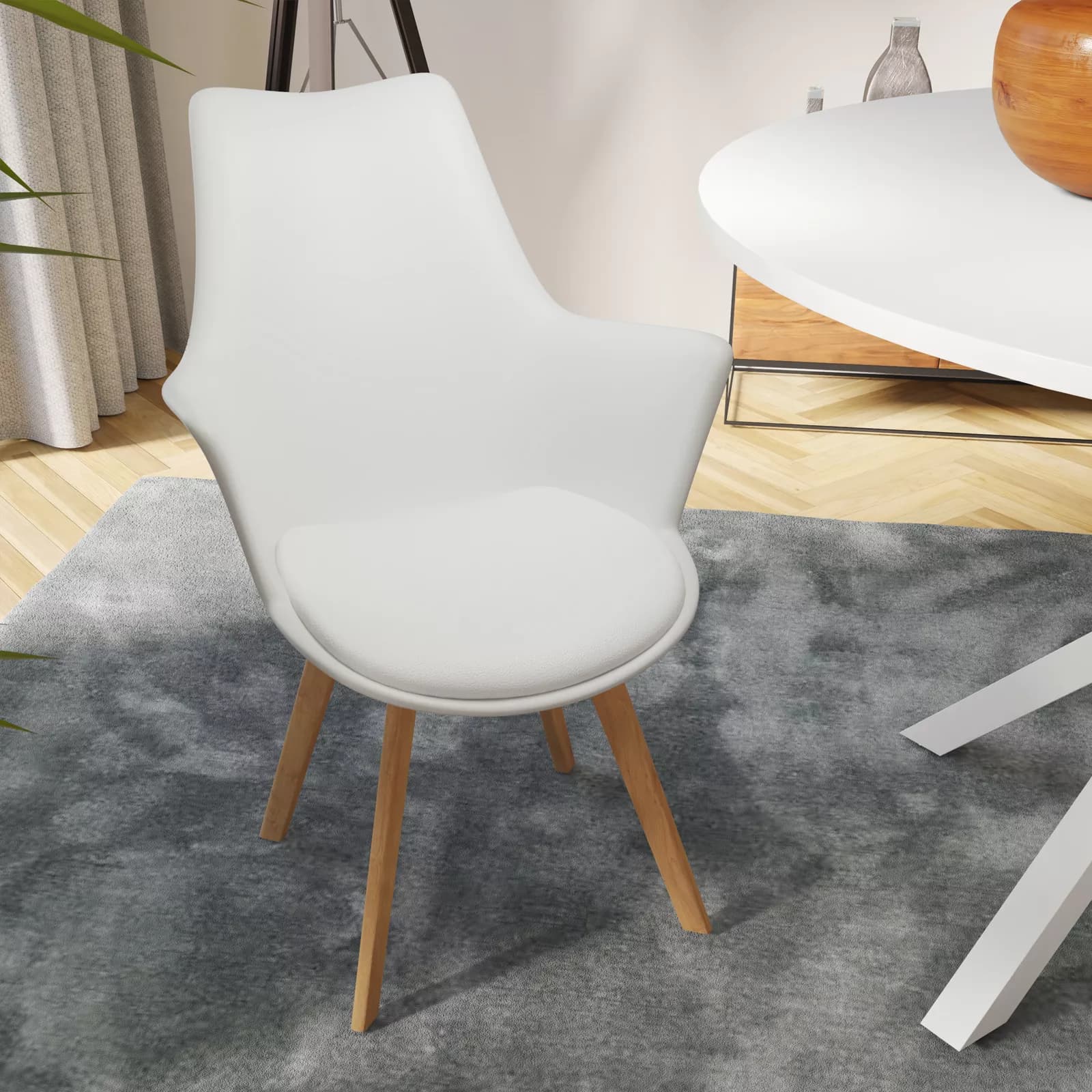Set 2 sedie in polipropilene bianco con cuscino in similpelle e gambe in legno - Parva