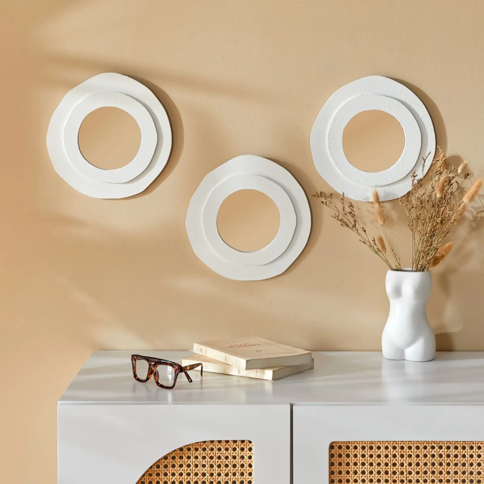 Set 3 specchi d'interno rotondi 25 cm con cornice bianco opaco