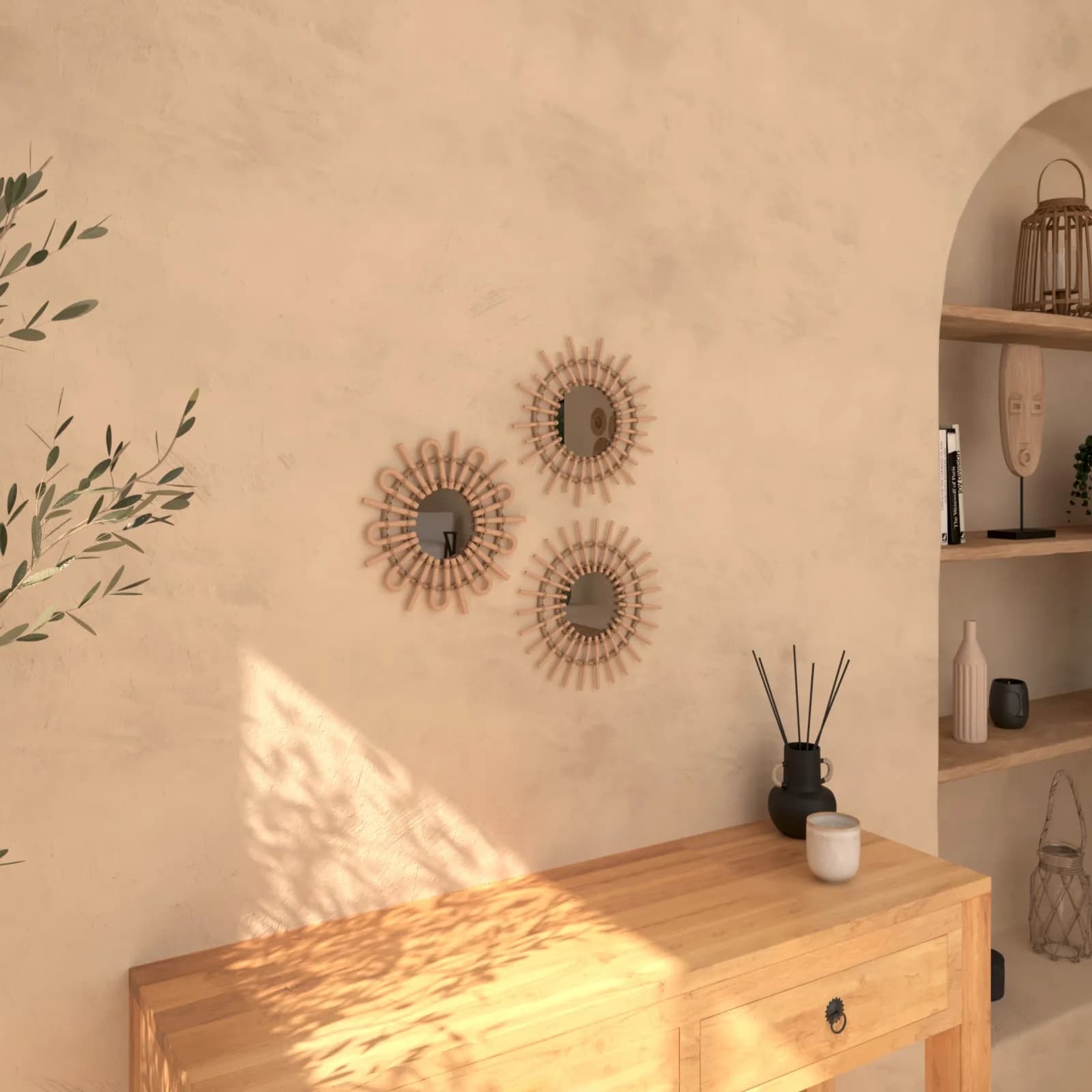 Set 3 specchi rotondi 28 cm in rattan naturale