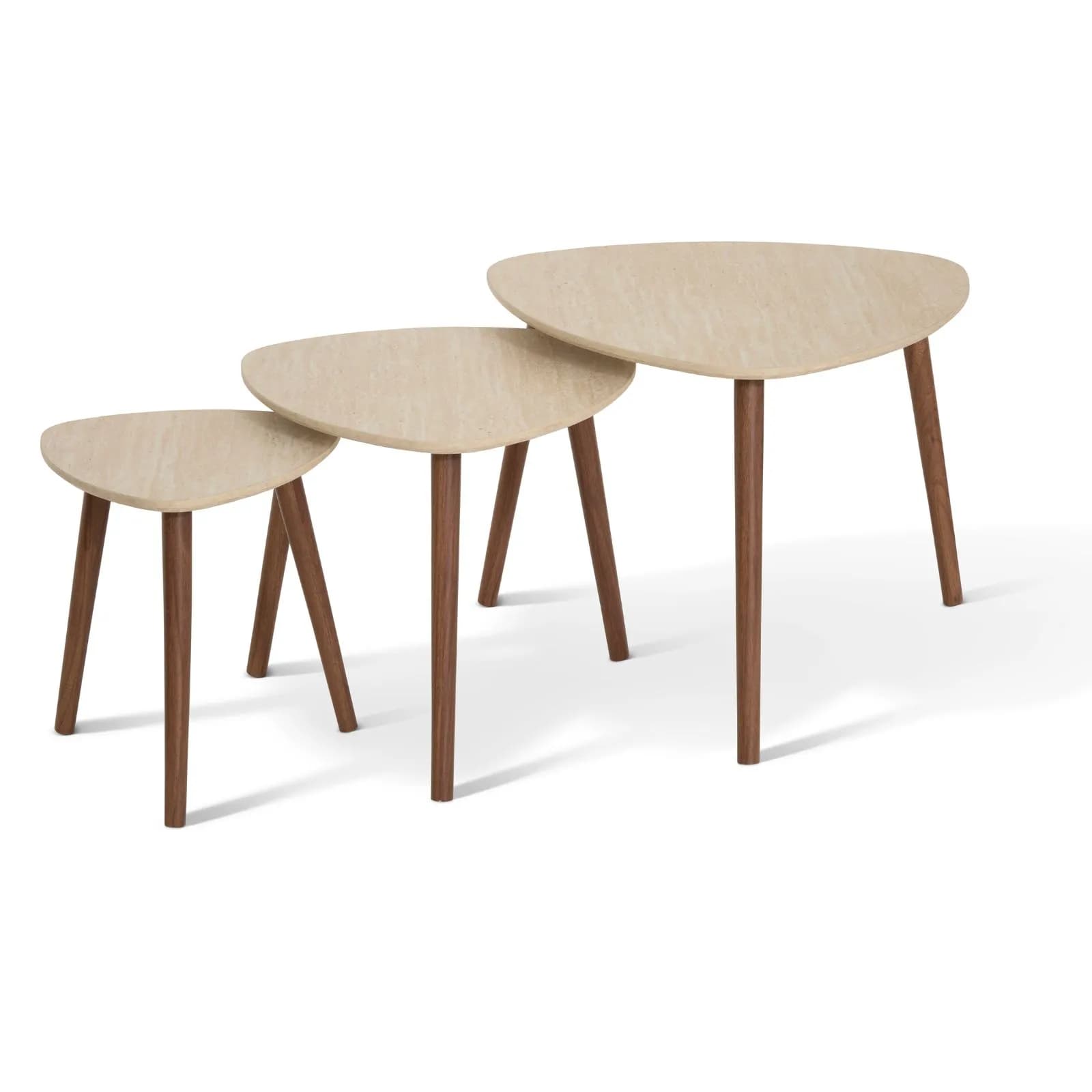 Set 3 tavolini impilabili in legno di hevea naturale e top effetto marmo travertino - Rune