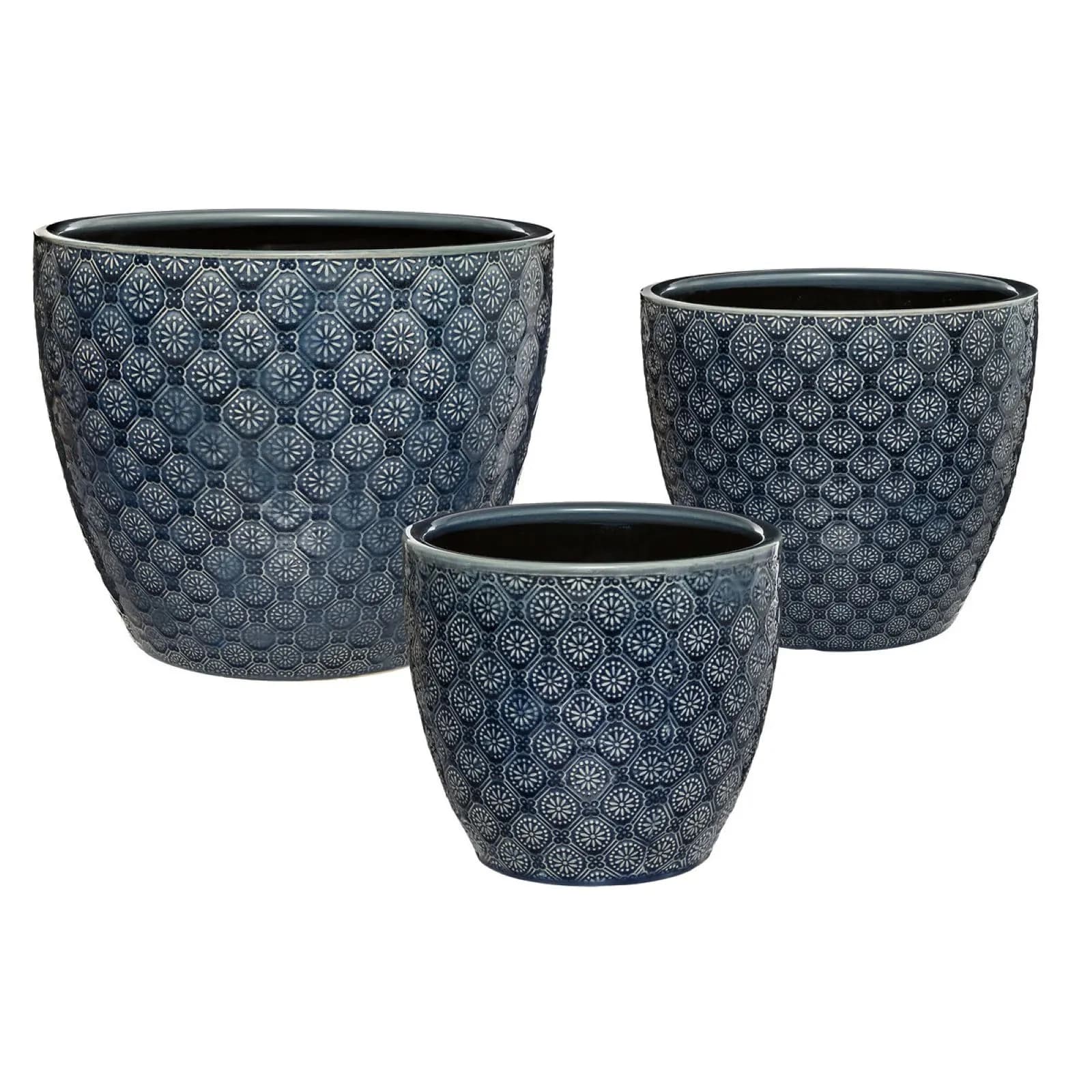 Set 3 vasi rotondi in ceramica blu petrolio lucido con decorazioni