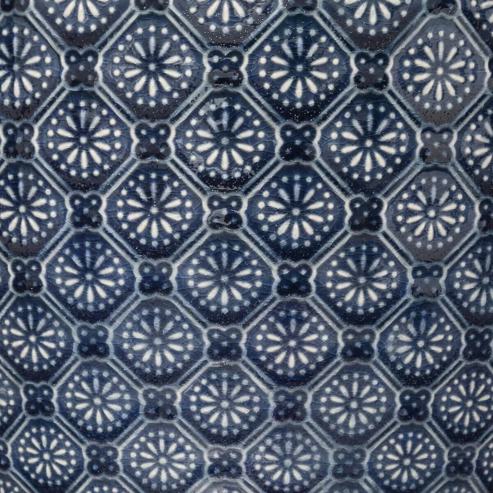 Set 3 vasi rotondi in ceramica blu petrolio lucido con decorazioni
