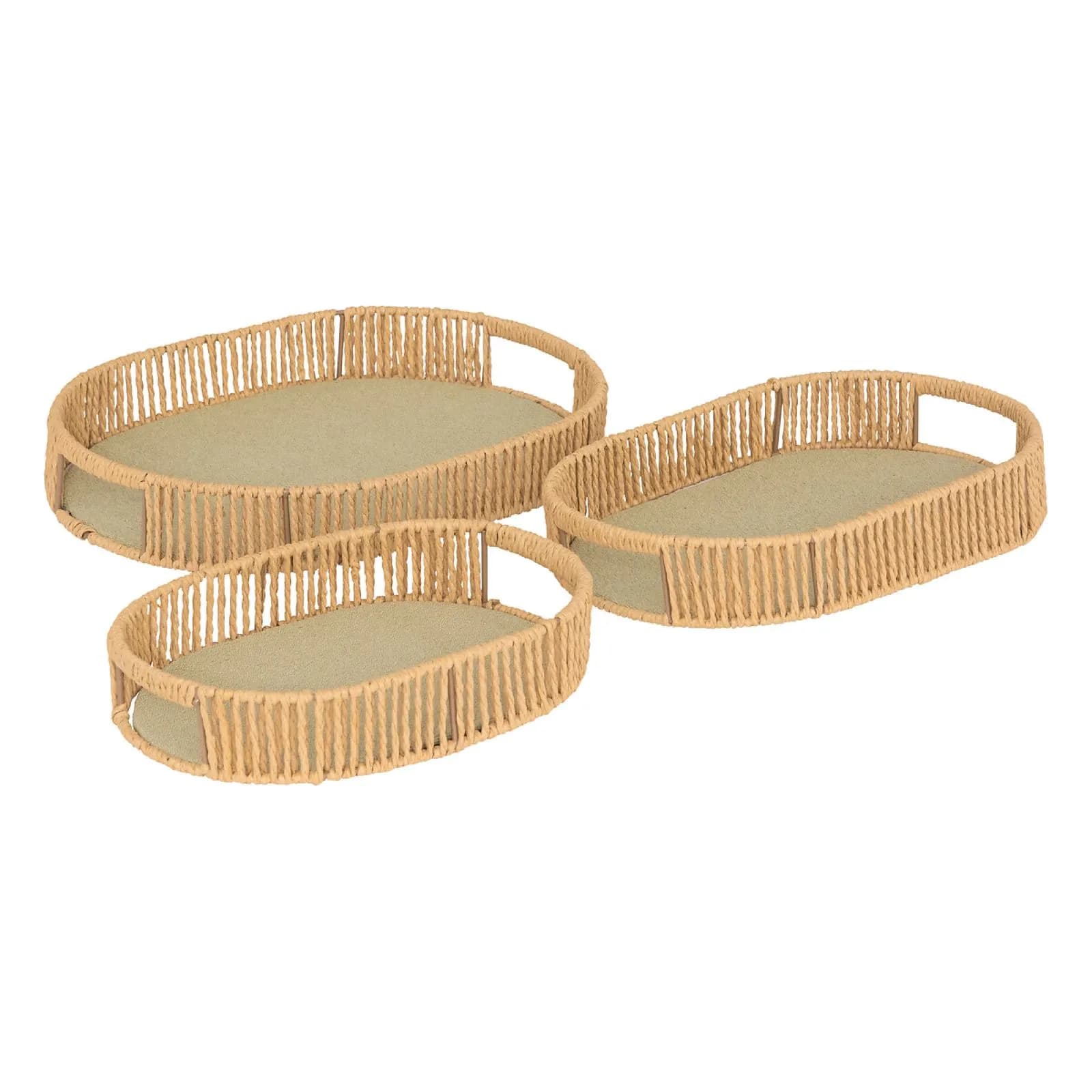 Set 3 vassoi di diversa dimensione in legno e corda beige