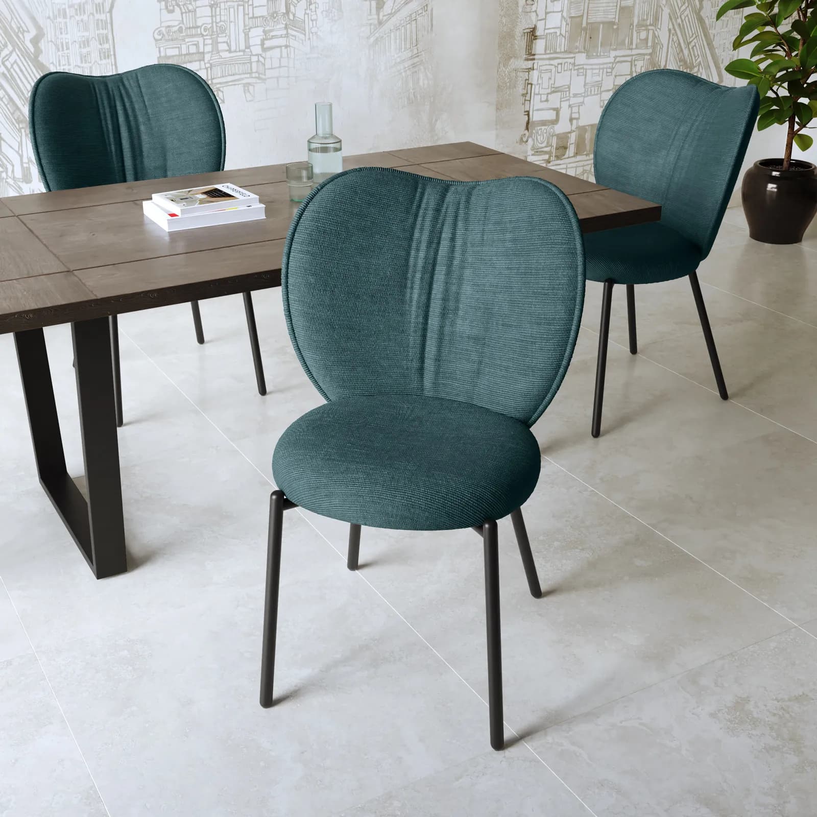 Set 4 sedie in ciniglia verde petrolio con gambe in metallo nero - Gontua
