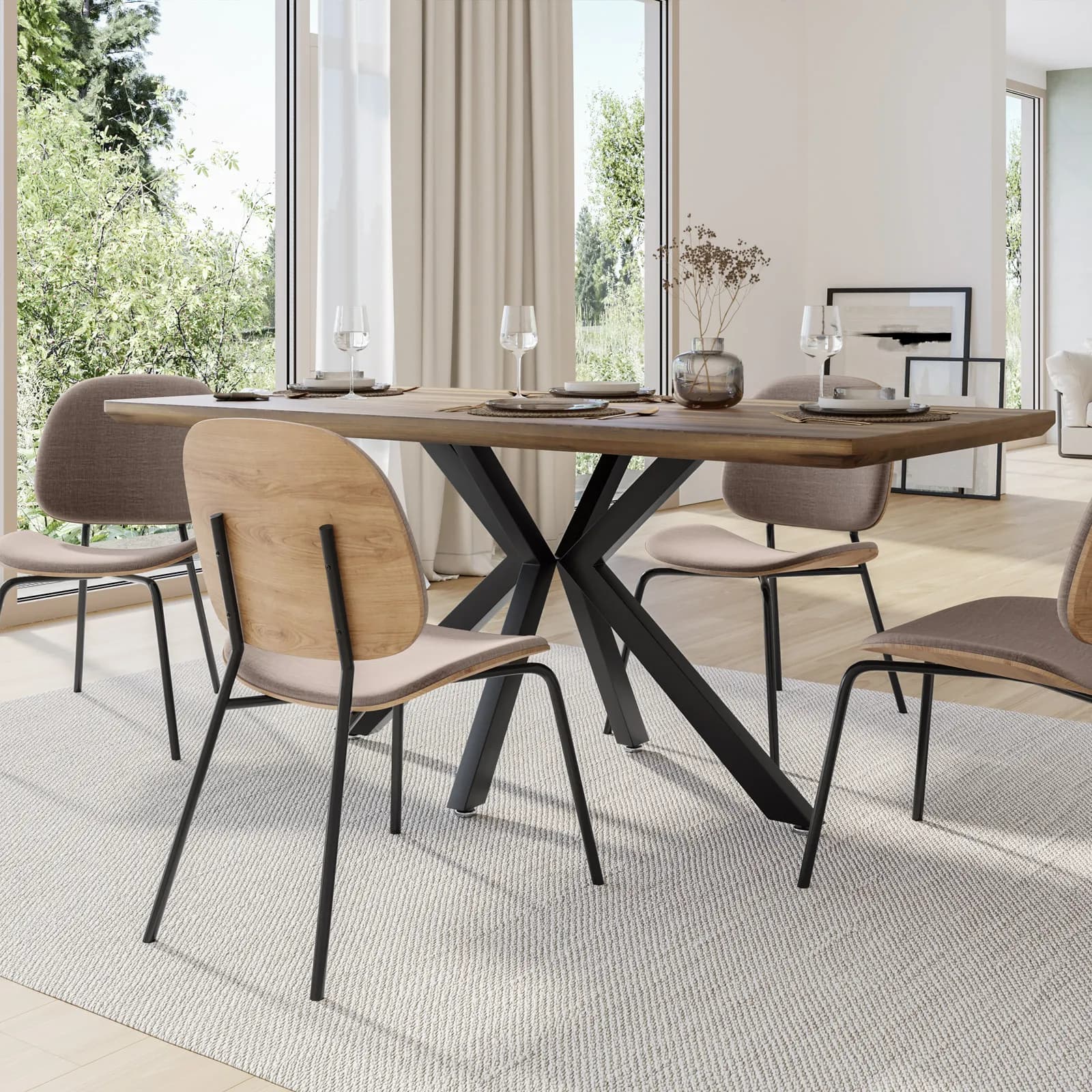 Set 2 sedie in plywood e tessuto tortora con gambe in metallo nero - Dream