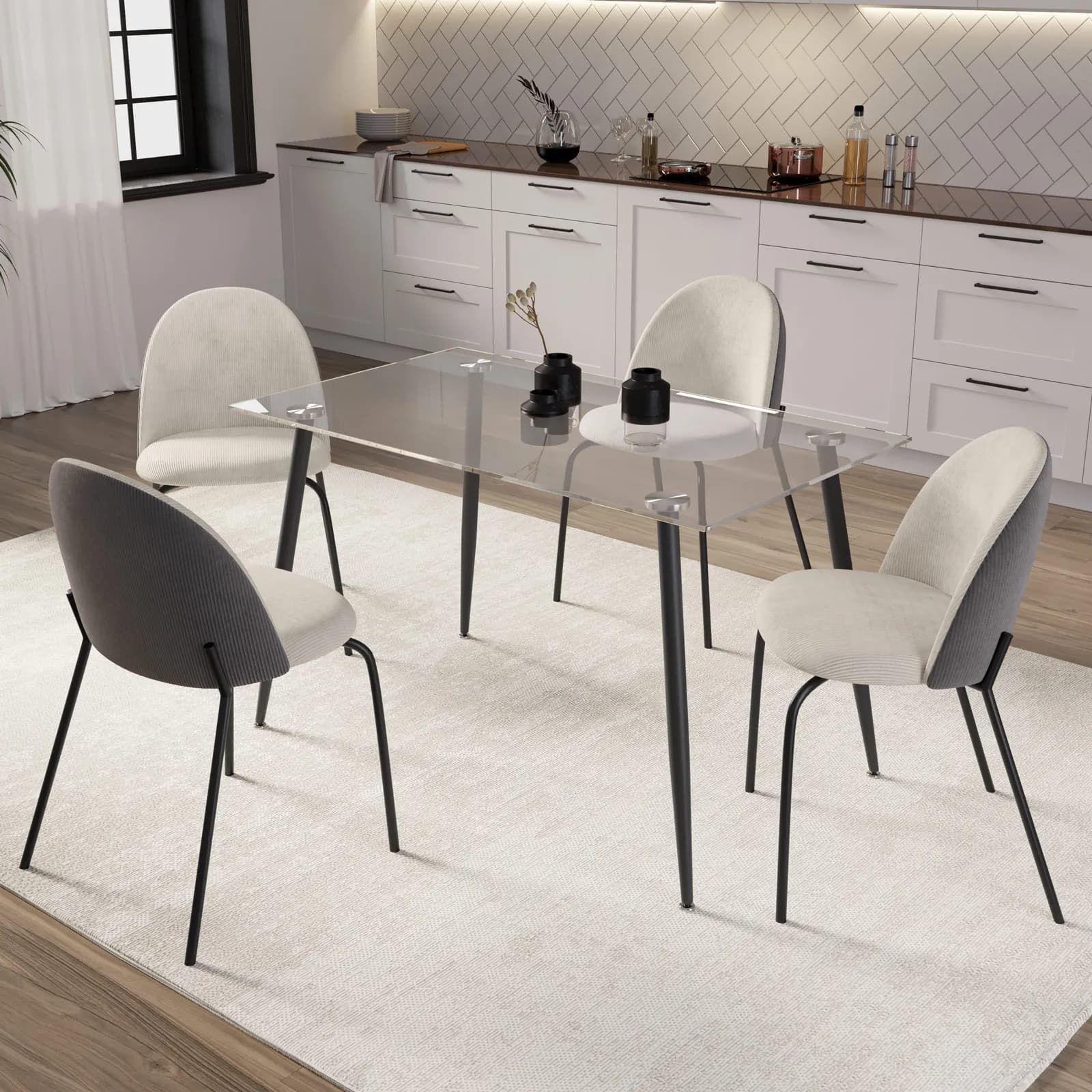 Set 4 sedie in velluto grigio a coste e gambe nere - Vesta