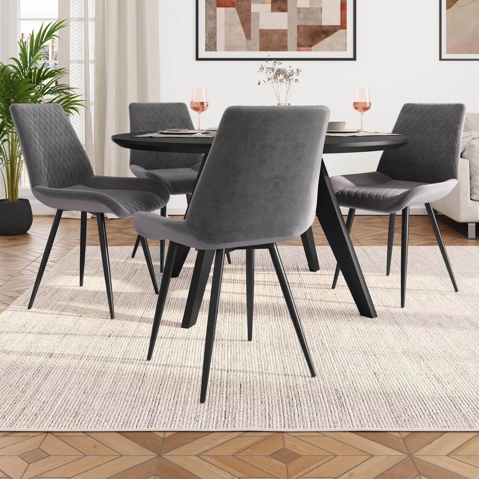 Set 4 sedie in velluto grigio trapuntato e gambe nere - Malu