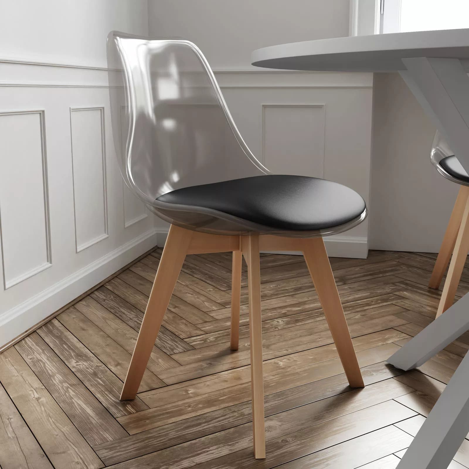 Set 4 sedie scandi nero trasparente gambe in legno con cuscino nero - Alborg Ghost