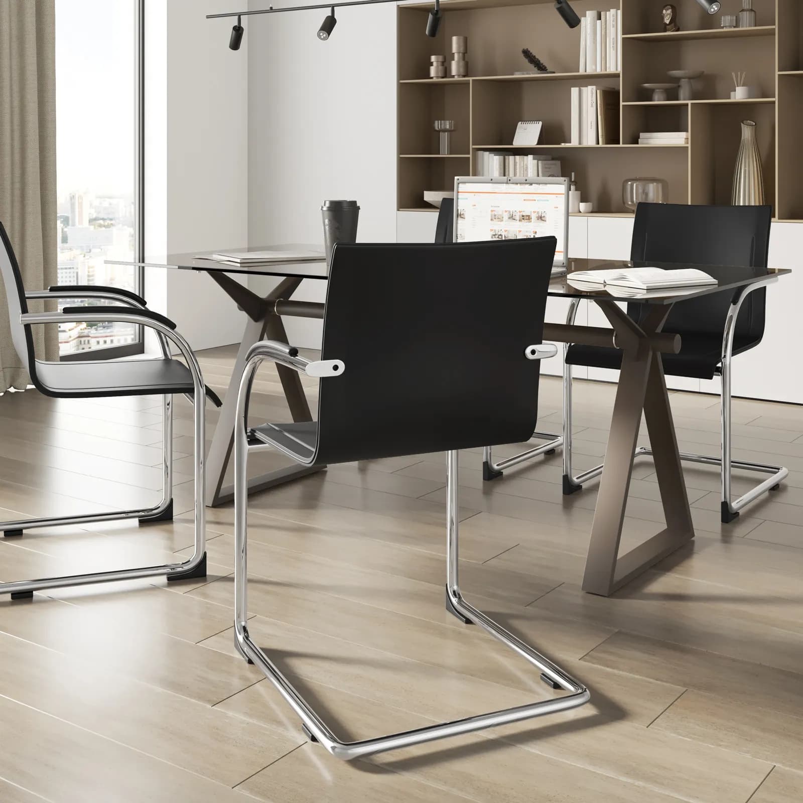Set 4 poltrone da ufficio in pvc nero con struttura e braccioli in acciaio - Wemar