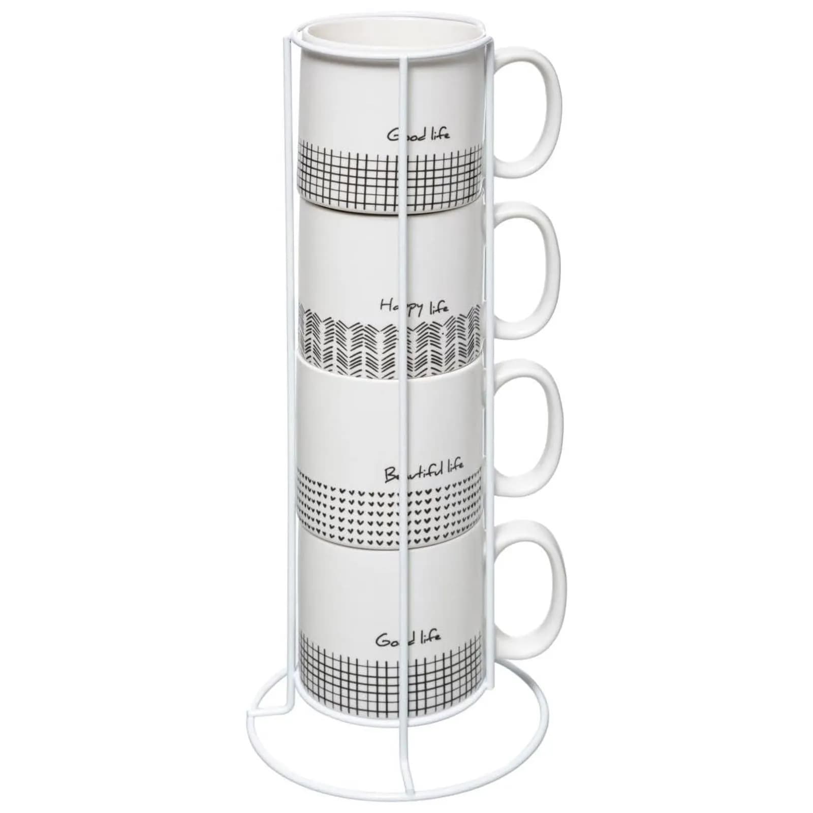 Set 4 tazze impilabili 24 cl in ceramica bianco con supporto in metallo bianco