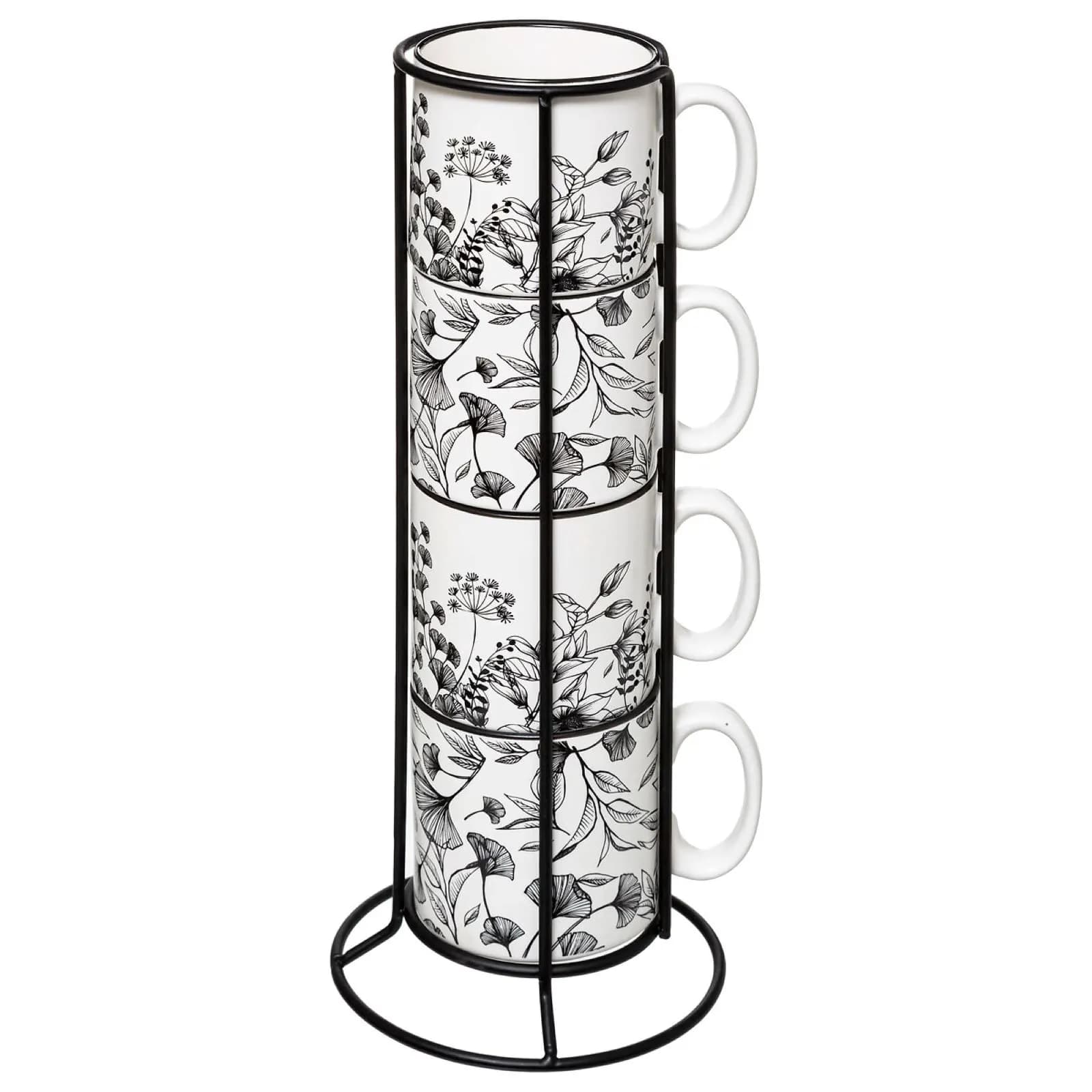 Set 4 tazze impilabili 24 cl in ceramica bianco e nero con supporto in metallo nero